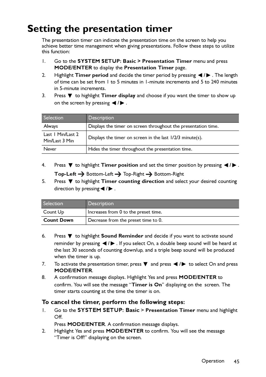 BenQ MW860USTi, MP780 ST+ Setting the presentation timer, To cancel the timer, perform the following steps, Count Down 