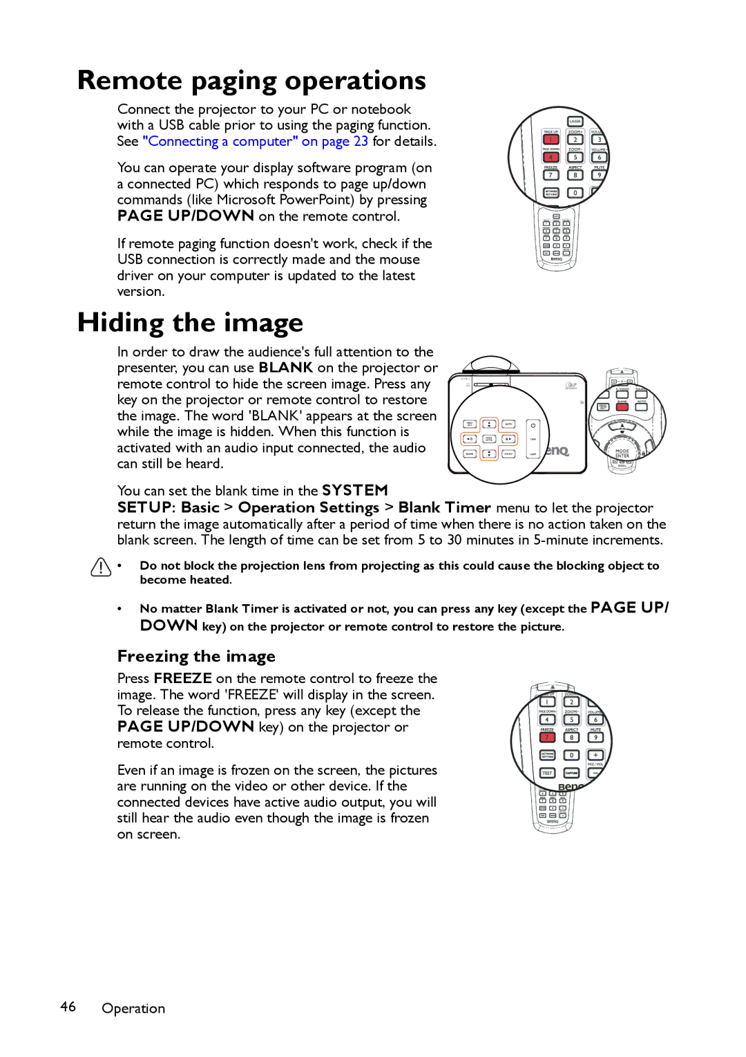 BenQ MP780 ST+, MW860USTi user manual Remote paging operations, Hiding the image, Freezing the image 