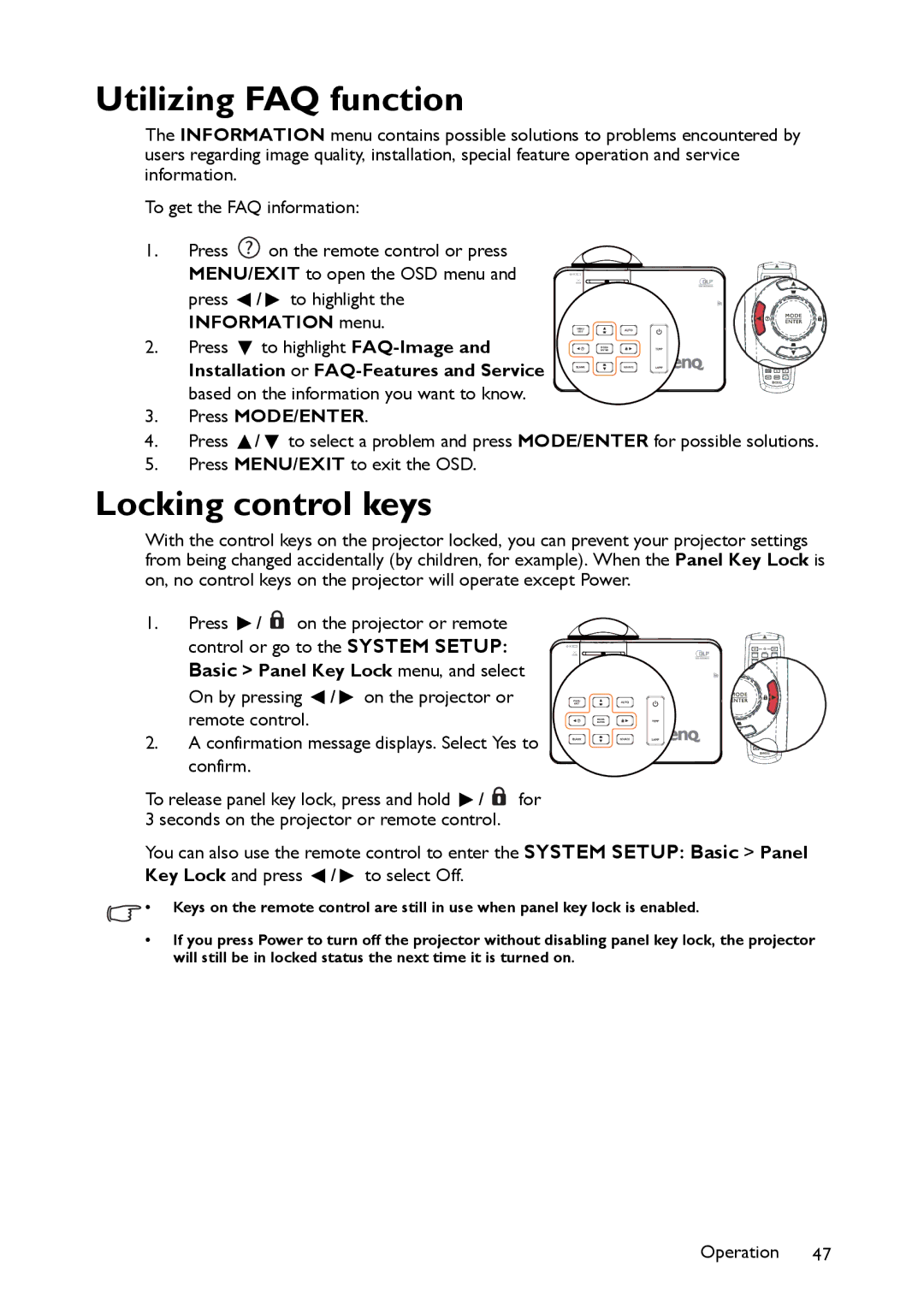 BenQ MW860USTi, MP780 ST+ user manual Utilizing FAQ function, Locking control keys, Information menu, Press MODE/ENTER 