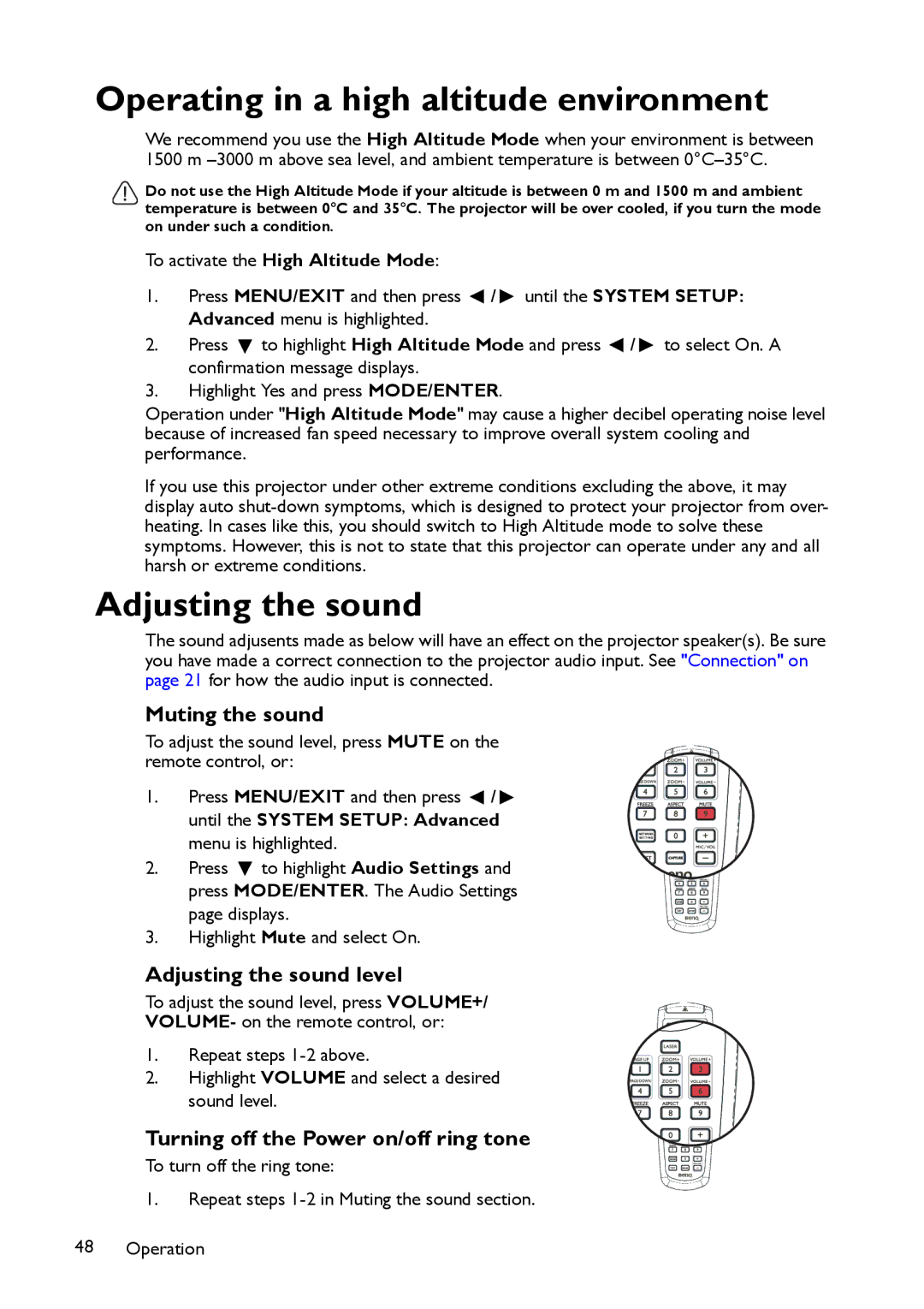 BenQ MP780 ST+, MW860USTi Operating in a high altitude environment, Muting the sound, Adjusting the sound level 