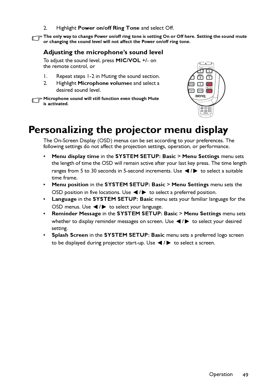 BenQ MW860USTi, MP780 ST+ user manual Personalizing the projector menu display, Adjusting the microphone’s sound level 