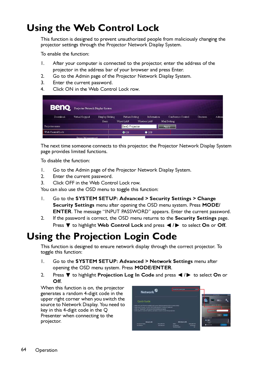 BenQ MP780 ST+, MW860USTi user manual Using the Web Control Lock, Using the Projection Login Code 