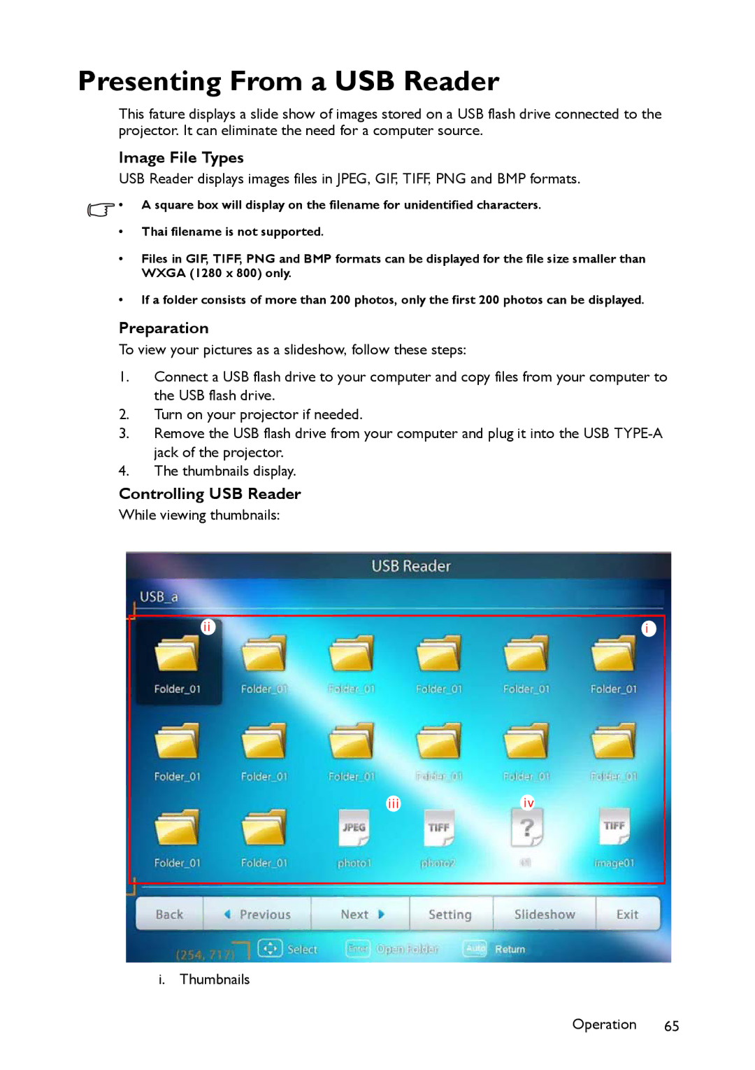 BenQ MW860USTi, MP780 ST+ user manual Presenting From a USB Reader, Image File Types, Preparation, Controlling USB Reader 