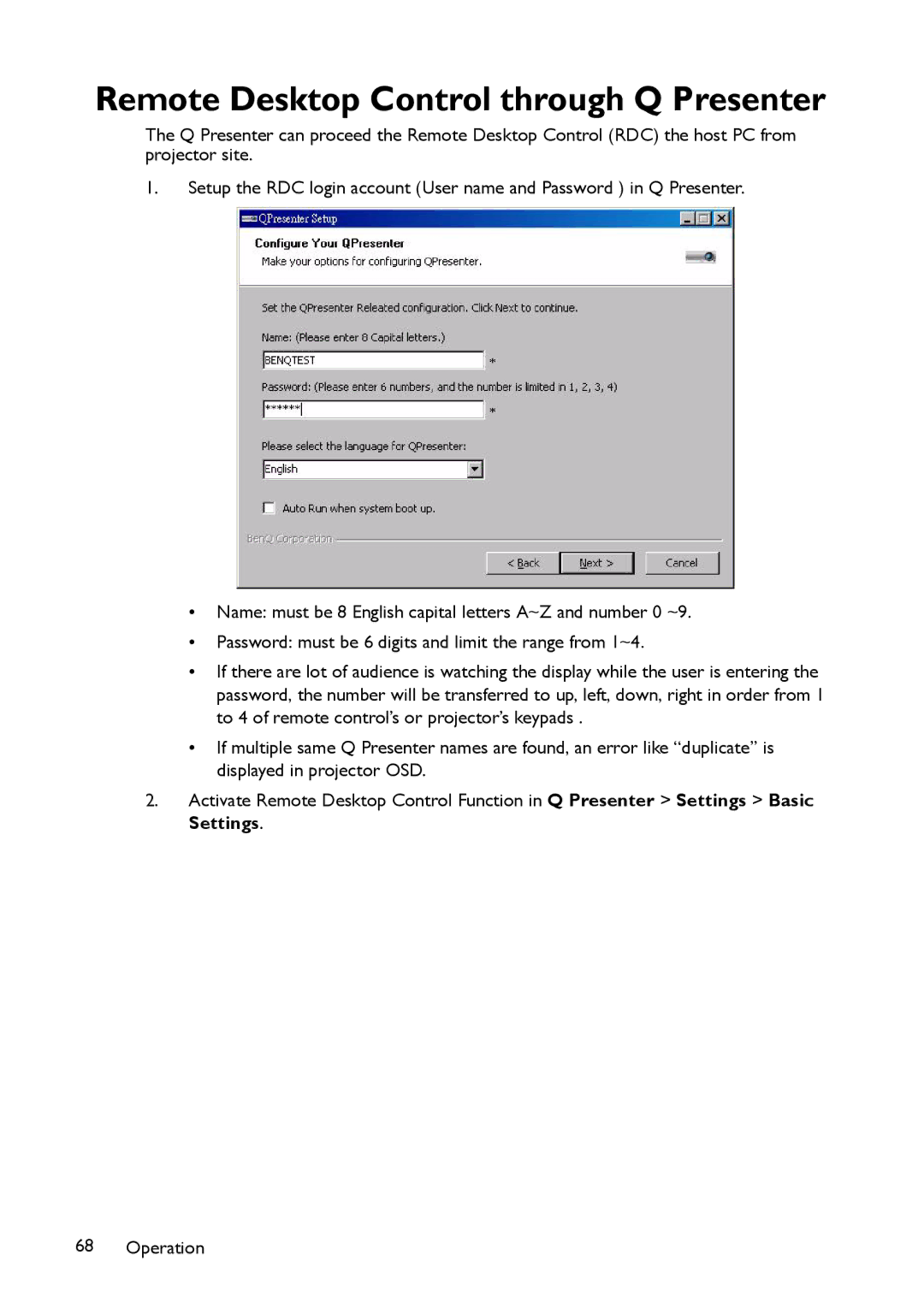 BenQ MP780 ST+, MW860USTi user manual Remote Desktop Control through Q Presenter 