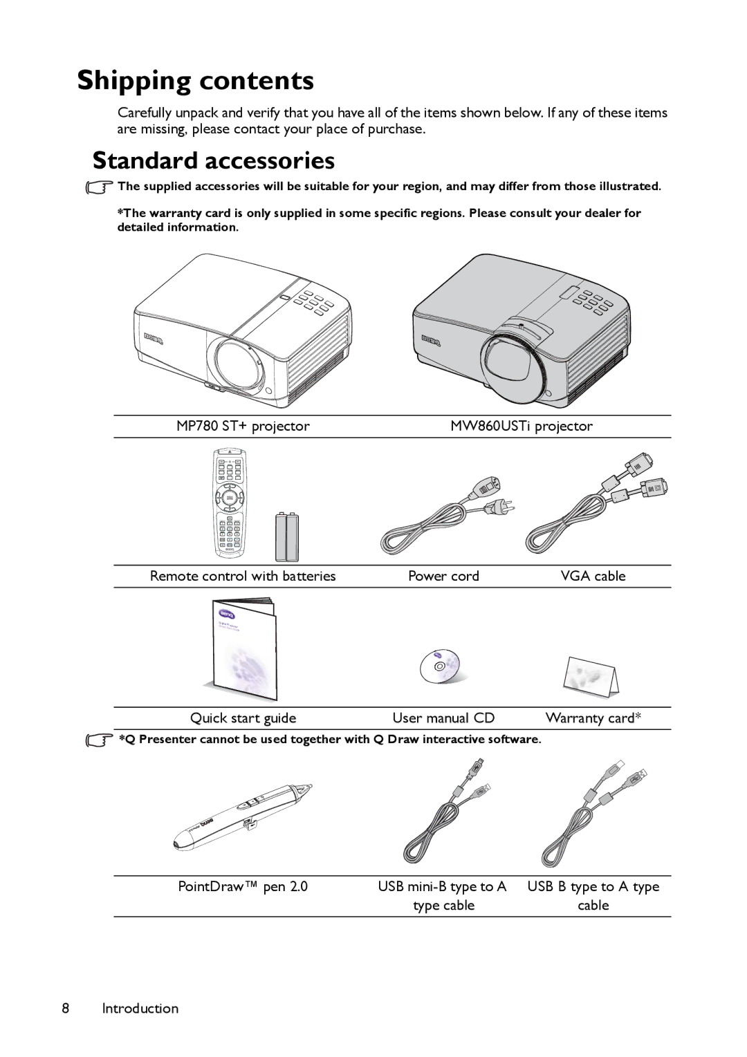 BenQ MP780 ST+, MW860USTi user manual Shipping contents 