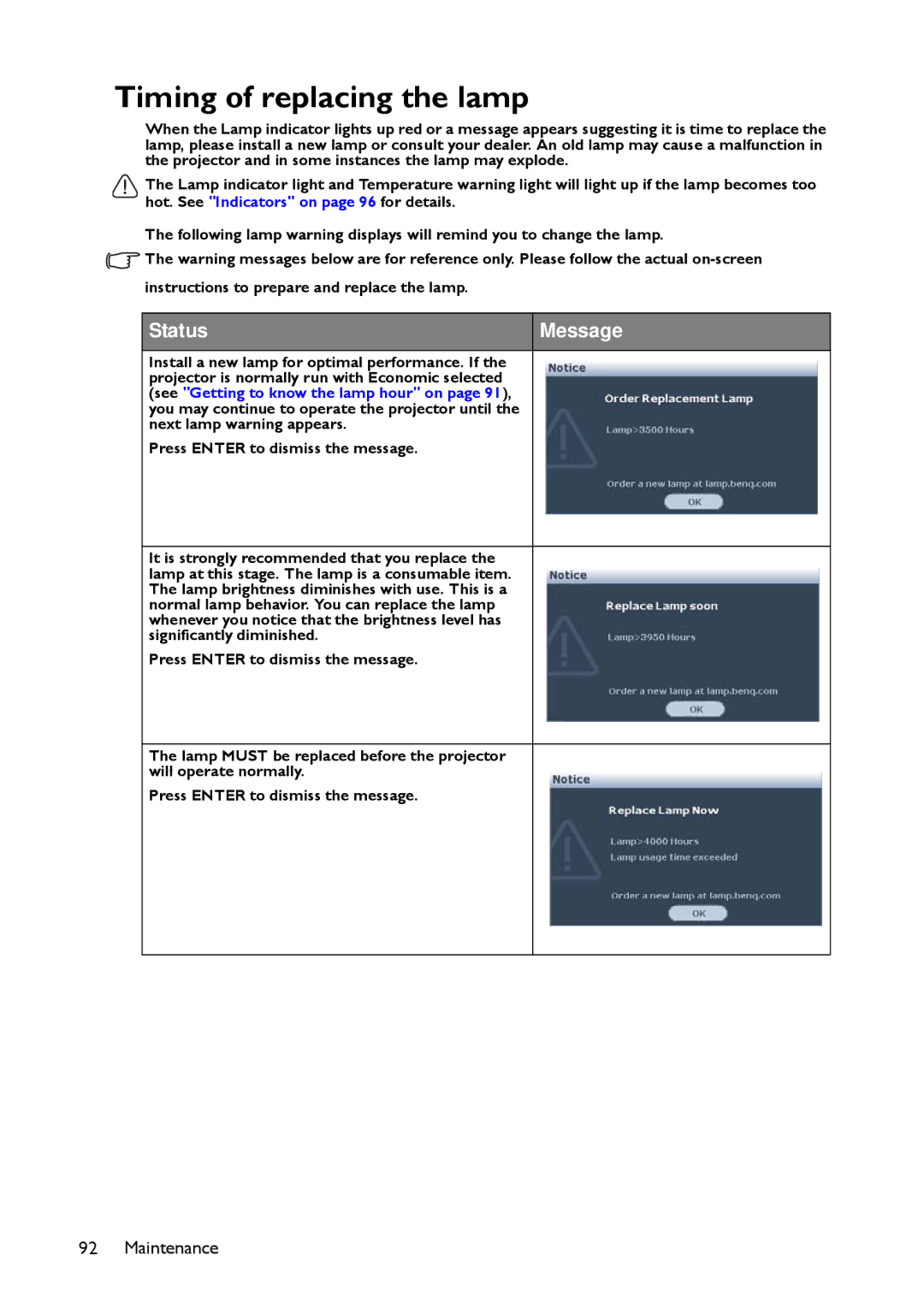 BenQ MP780 ST+, MW860USTi user manual Timing of replacing the lamp, Status Message 