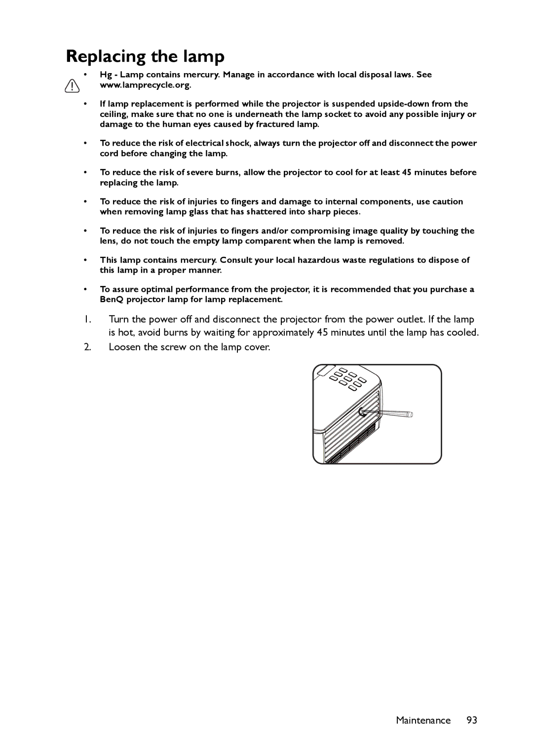 BenQ MW860USTi, MP780 ST+ user manual Replacing the lamp 