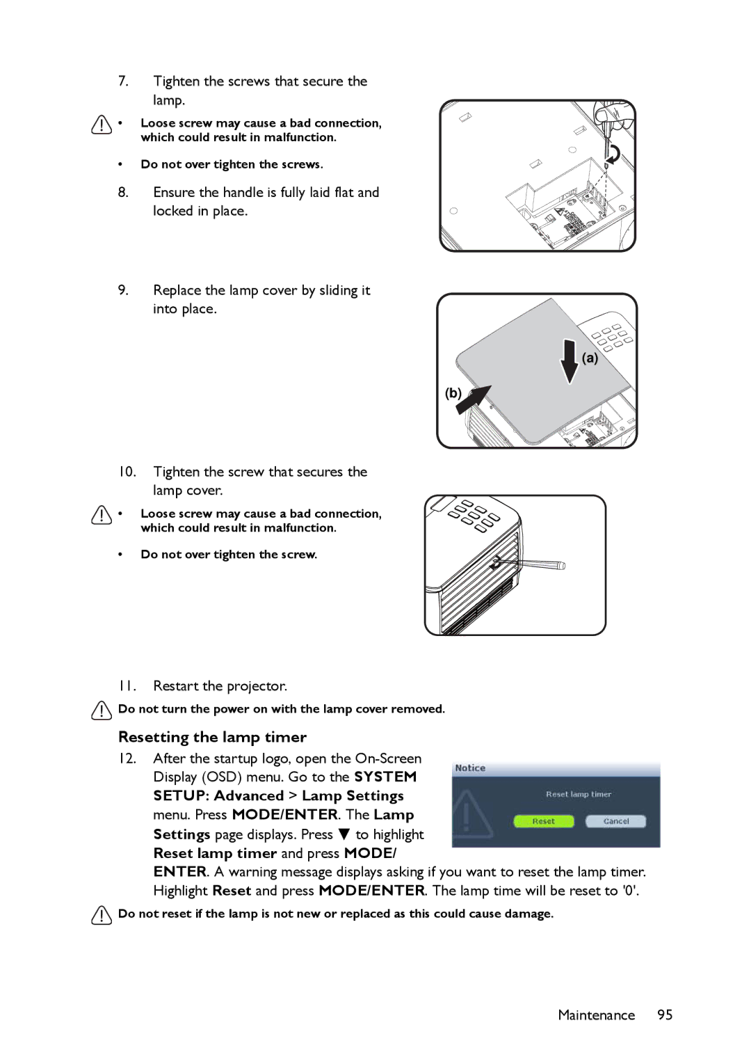 BenQ MW860USTi, MP780 ST+ user manual Resetting the lamp timer, Tighten the screws that secure Lamp 