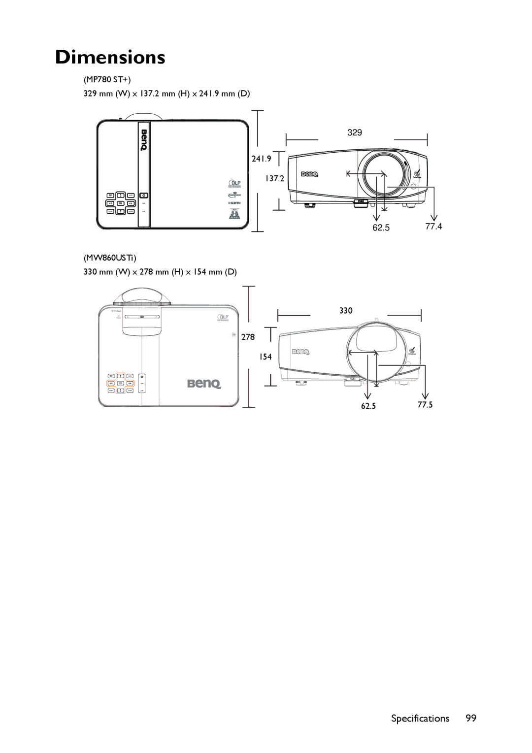 BenQ MW860USTi, MP780 ST+ user manual Dimensions 