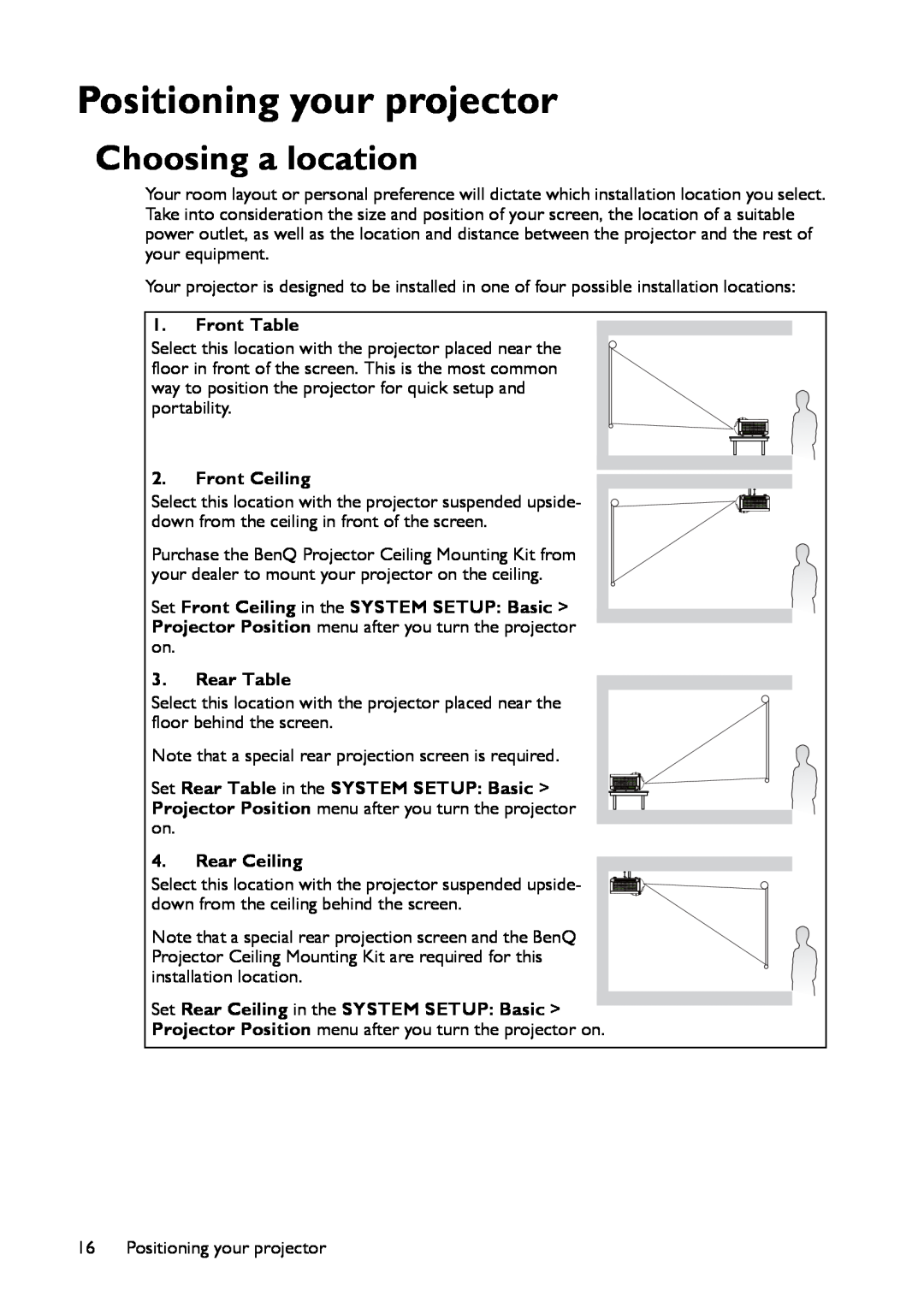 BenQ MP780 ST+, MW860USTi user manual Positioning your projector, Choosing a location 