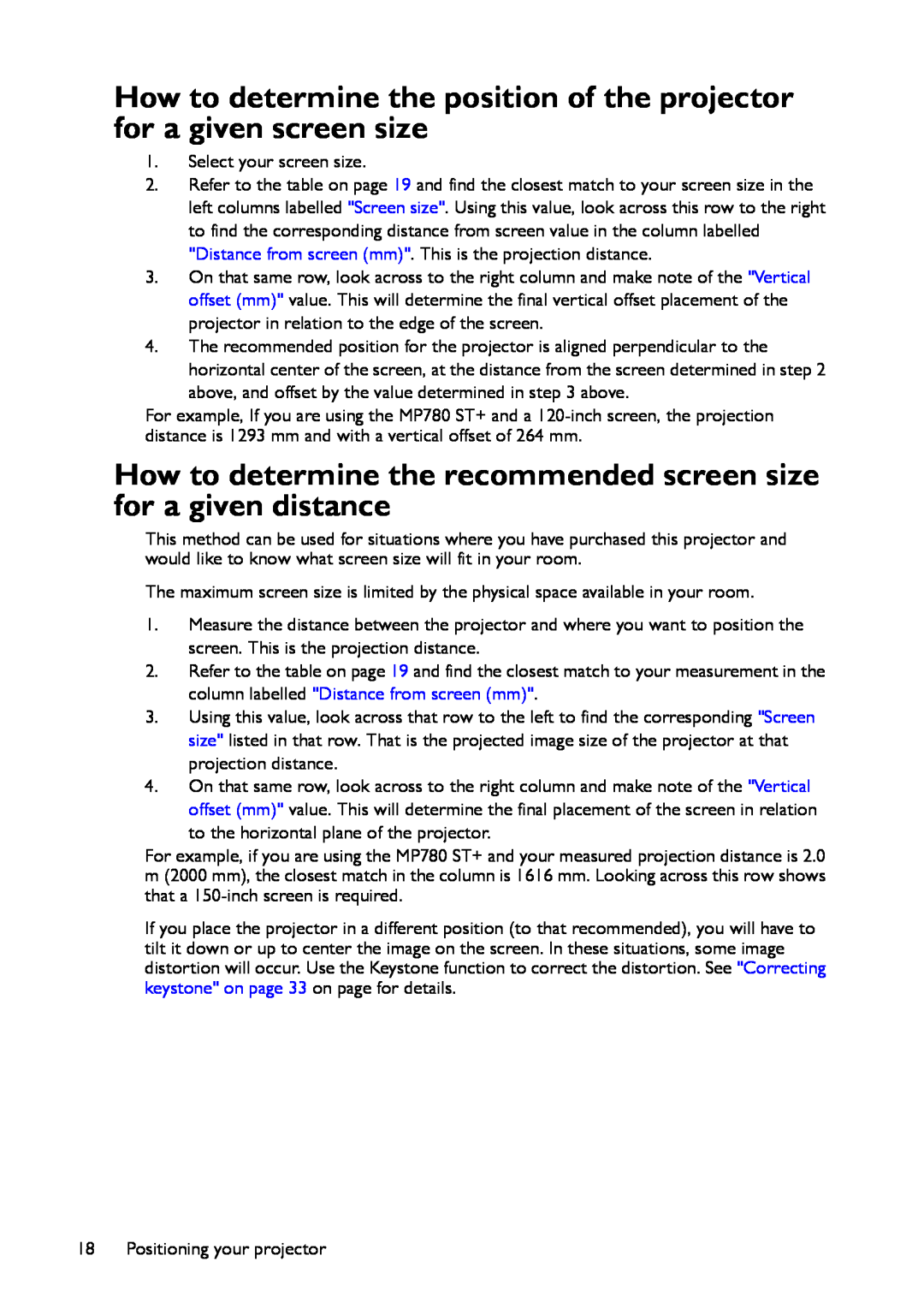 BenQ MP780 ST+, MW860USTi user manual How to determine the recommended screen size for a given distance 