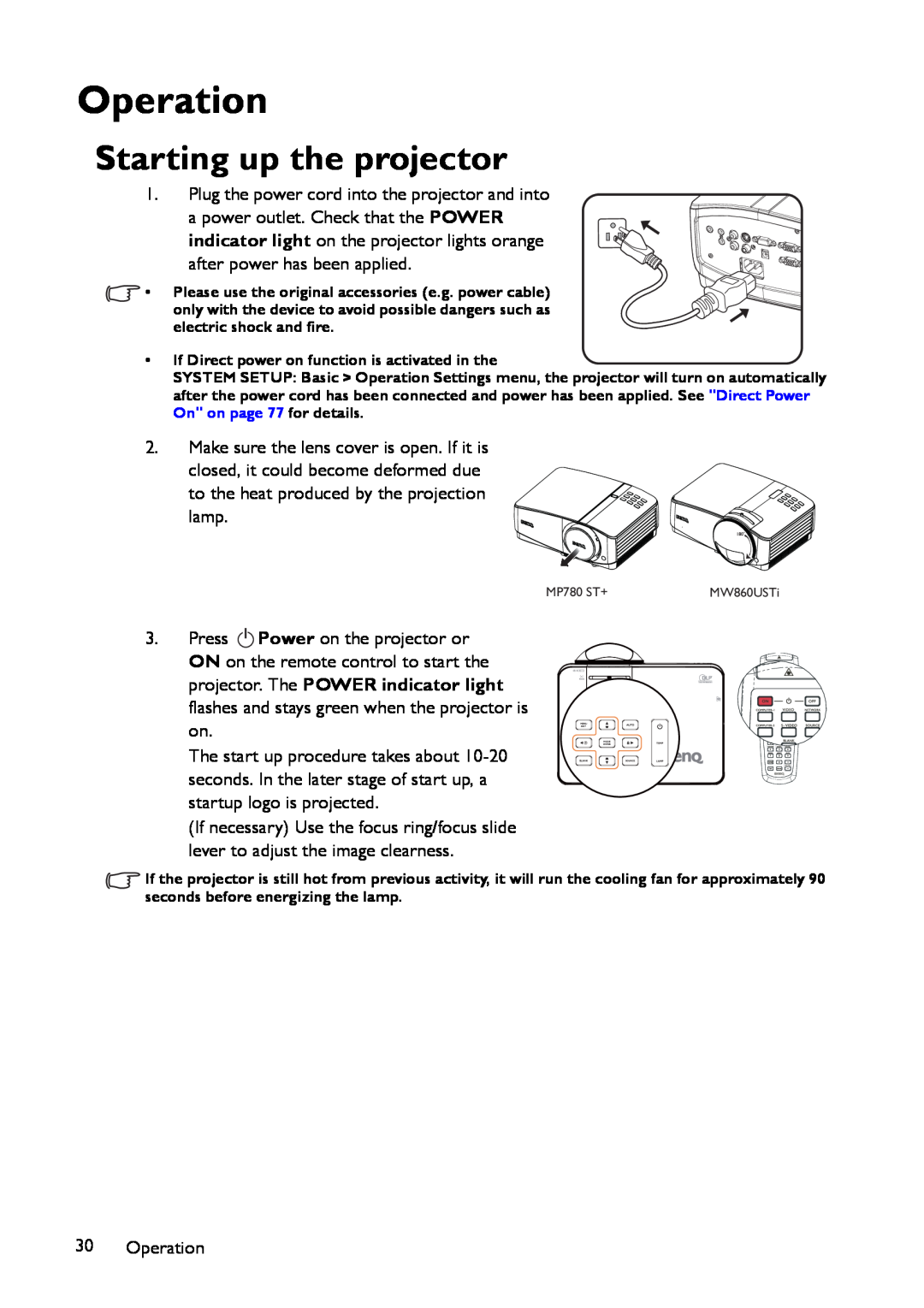 BenQ MP780 ST+, MW860USTi user manual Operation, Starting up the projector 