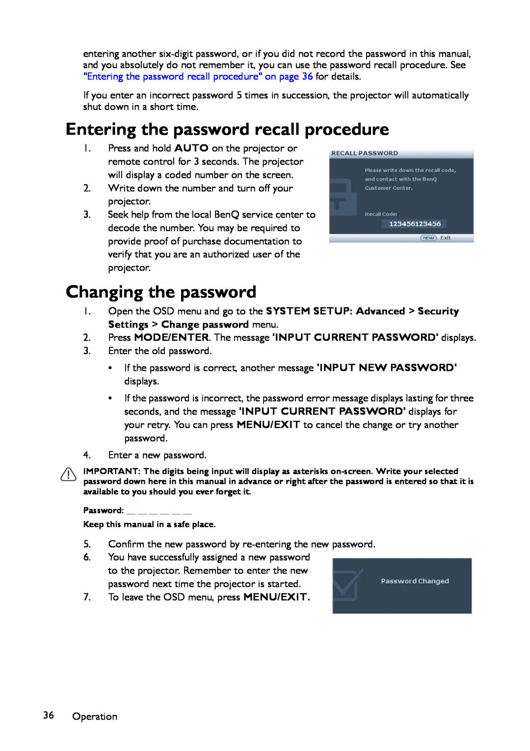 BenQ MP780 ST+, MW860USTi user manual Entering the password recall procedure, Changing the password 