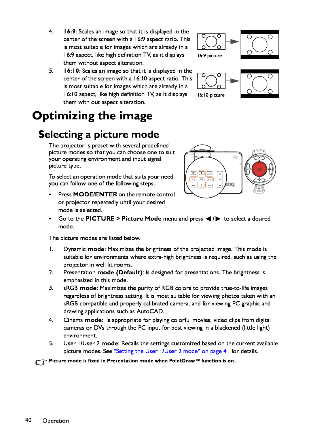BenQ MP780 ST+, MW860USTi user manual Optimizing the image, Selecting a picture mode 