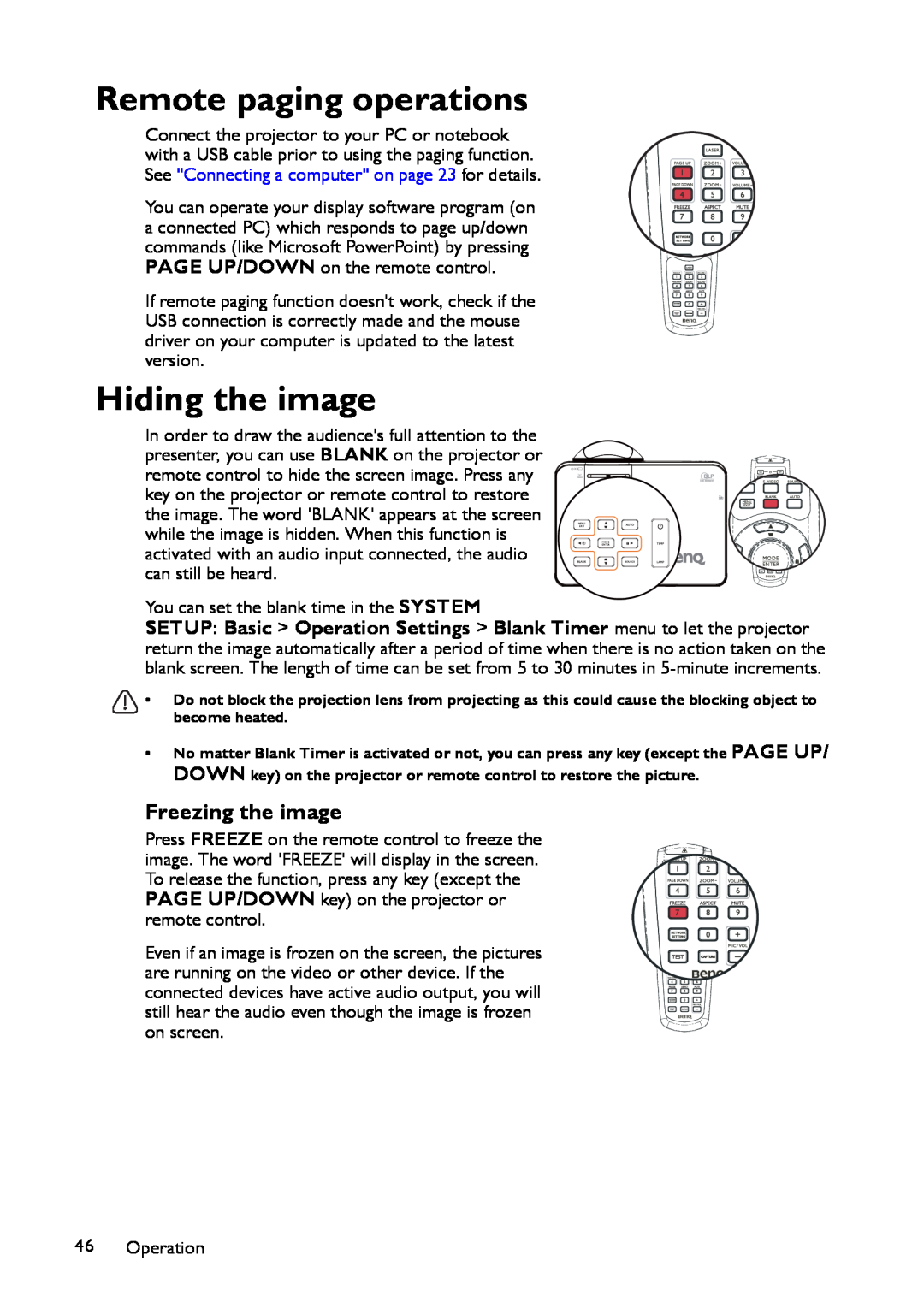 BenQ MP780 ST+, MW860USTi user manual Remote paging operations, Hiding the image, Freezing the image 