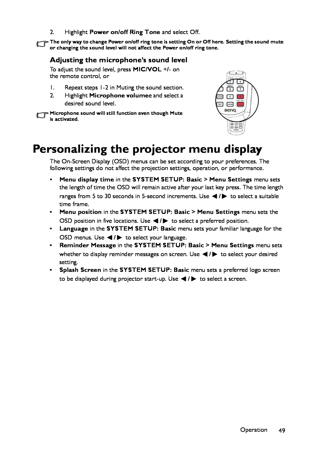 BenQ MW860USTi, MP780 ST+ user manual Personalizing the projector menu display, Adjusting the microphone’s sound level 