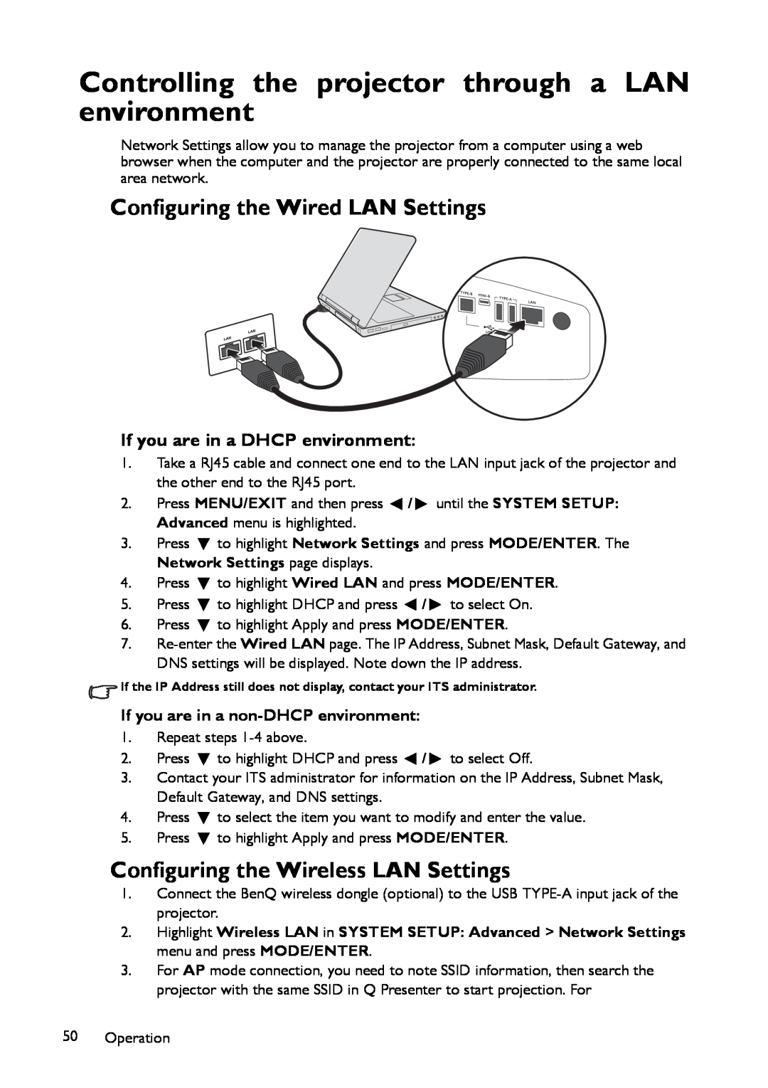 BenQ MP780 ST+, MW860USTi Controlling the projector through a LAN environment, Configuring the Wired LAN Settings 