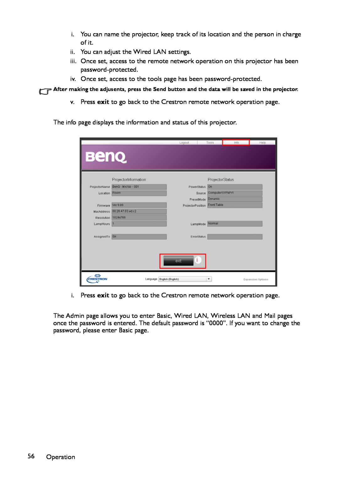 BenQ MP780 ST+, MW860USTi user manual ii. You can adjust the Wired LAN settings 