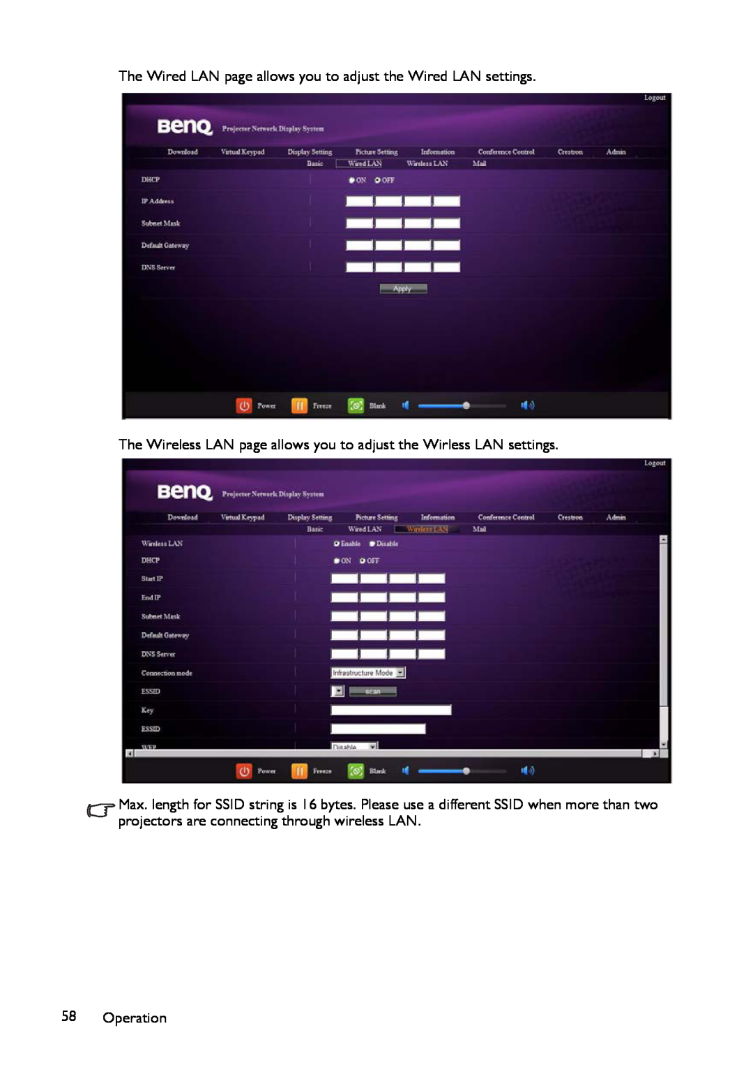 BenQ MP780 ST+, MW860USTi user manual The Wired LAN page allows you to adjust the Wired LAN settings, Operation 