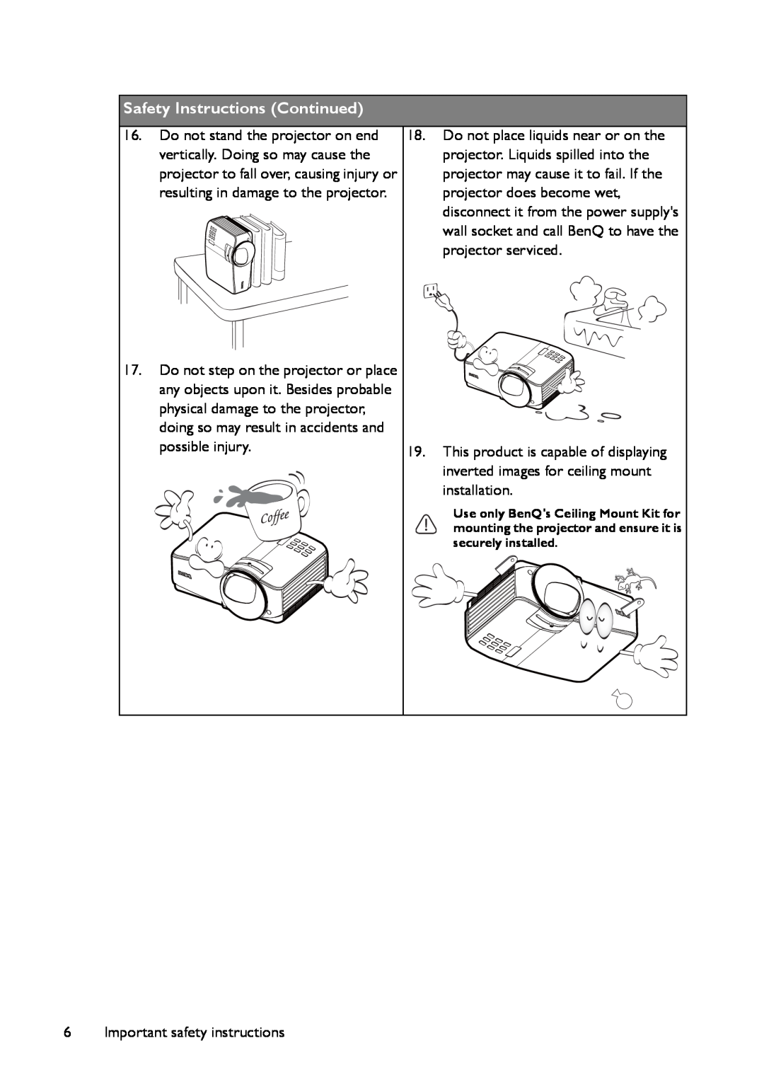 BenQ MP780 ST+, MW860USTi user manual Safety Instructions Continued, Important safety instructions 