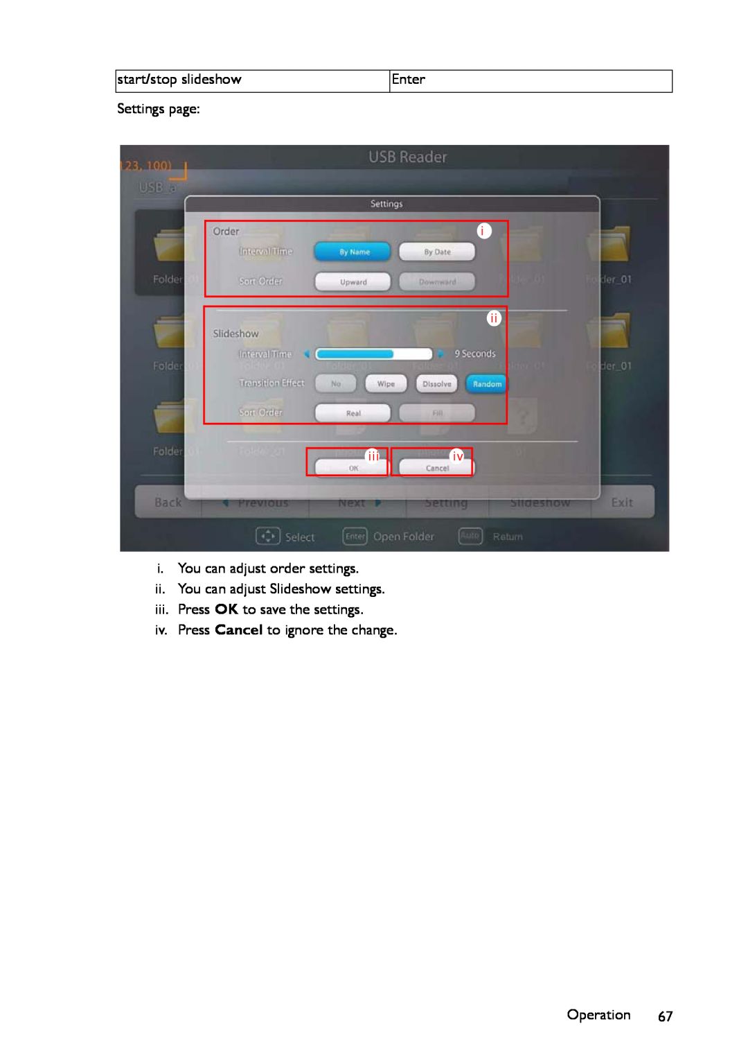 BenQ MW860USTi, MP780 ST+ start/stop slideshow, Enter, Settings page, i. You can adjust order settings, Operation, i ii 