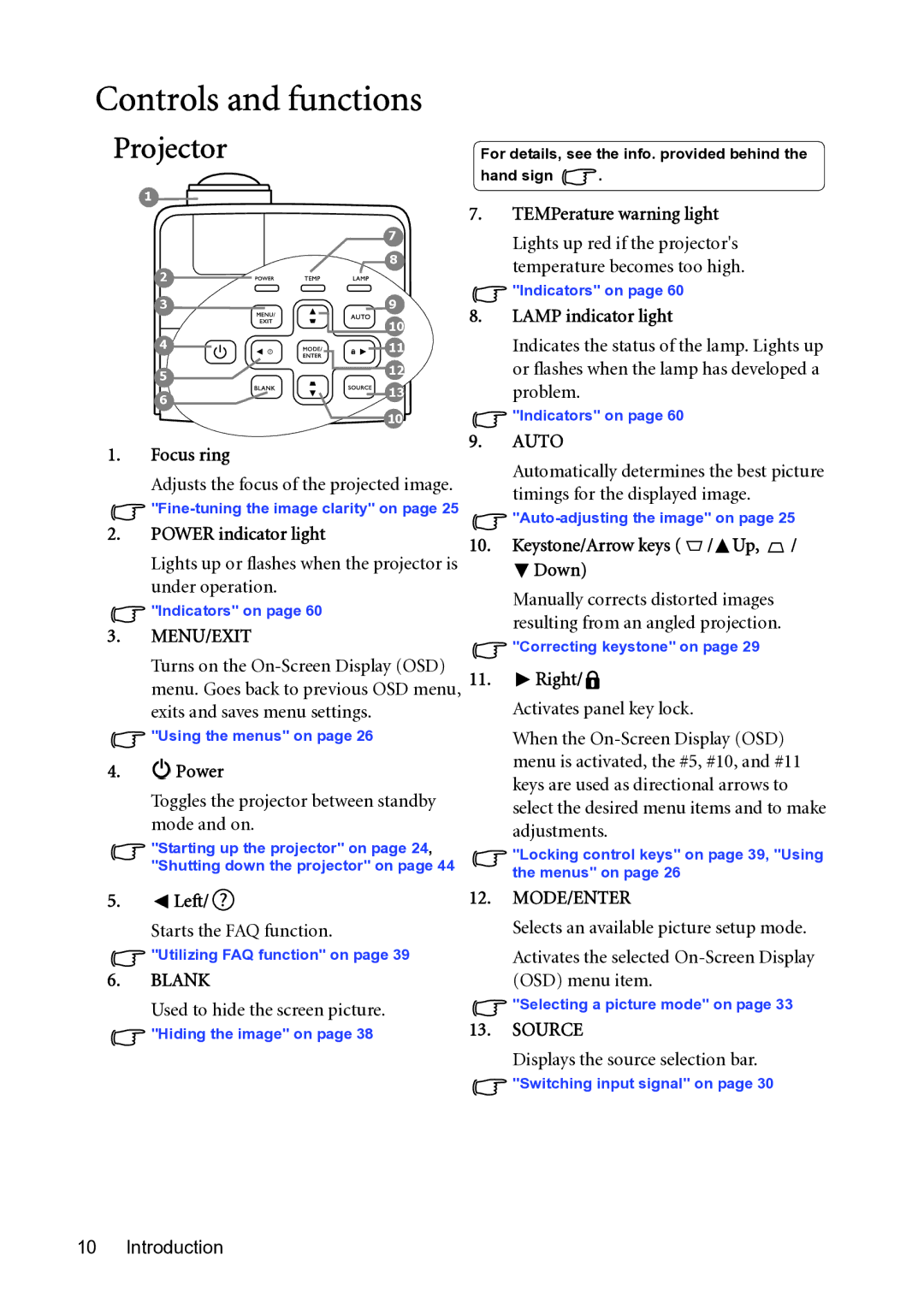 BenQ MP782 ST user manual Controls and functions, Projector 