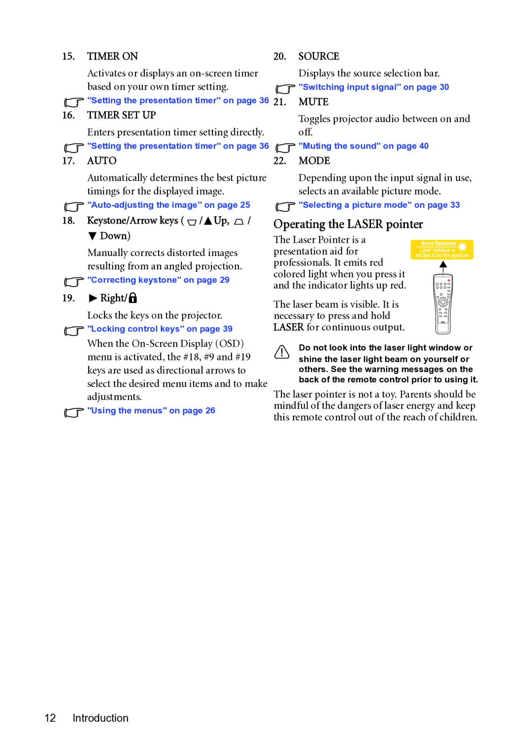 BenQ MP782 ST user manual Operating the Laser pointer, Toggles projector audio between on and off, Auto Mode 