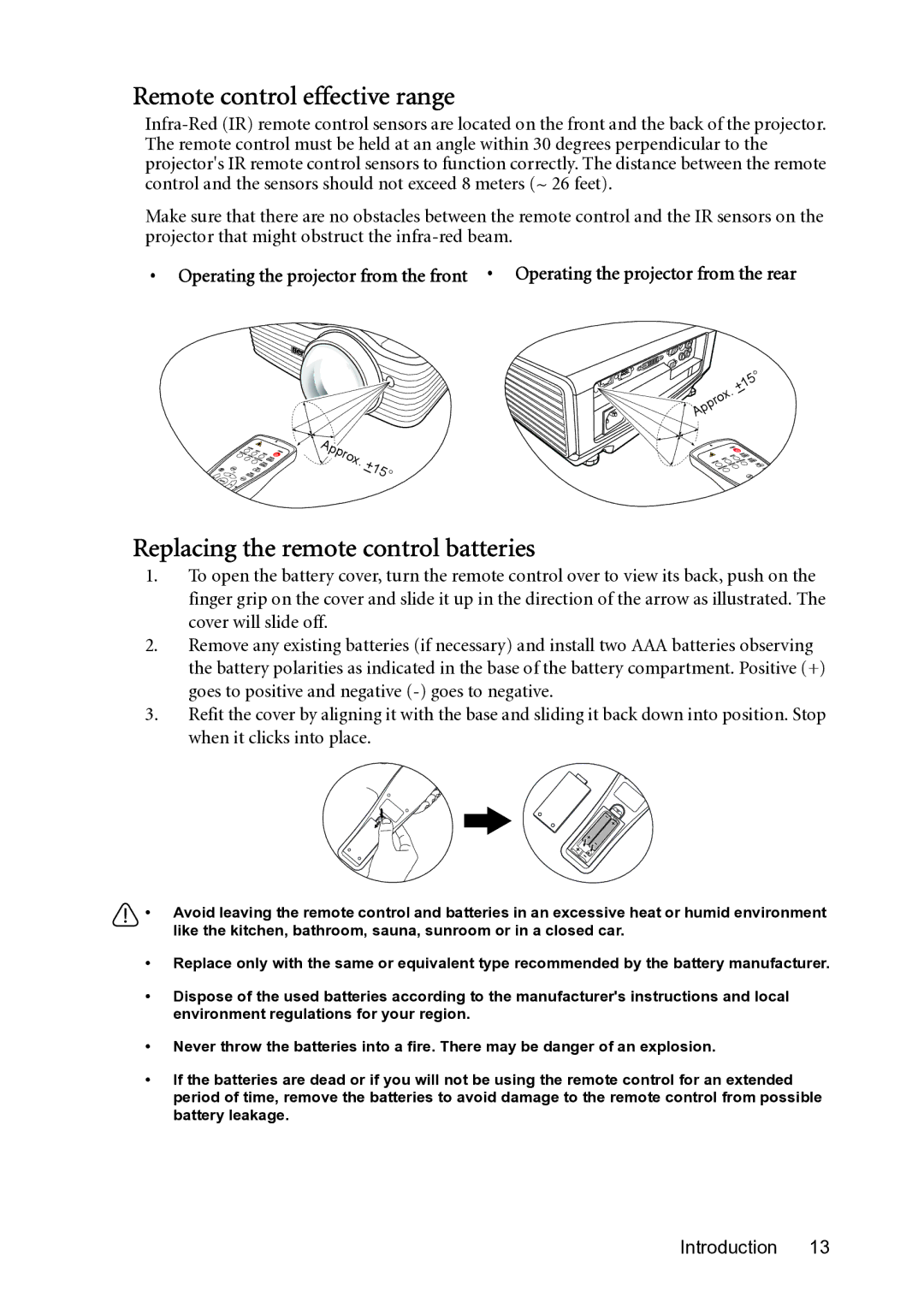 BenQ MP782 ST user manual Remote control effective range, Replacing the remote control batteries, Approx.+15 