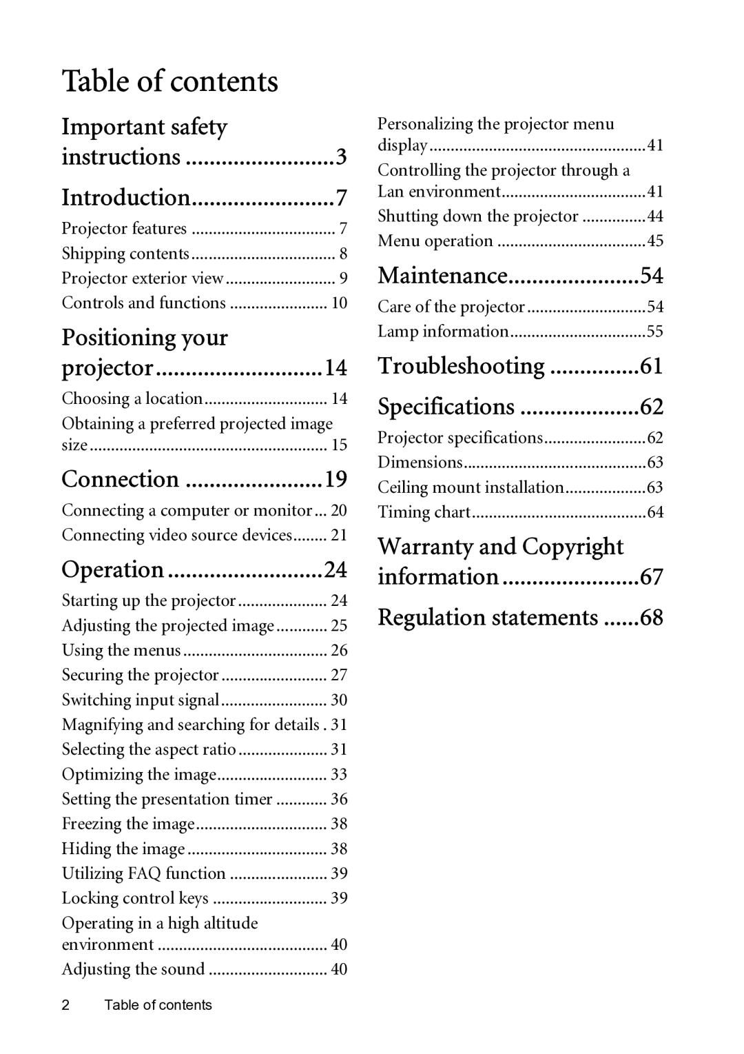 BenQ MP782 ST user manual Table of contents 