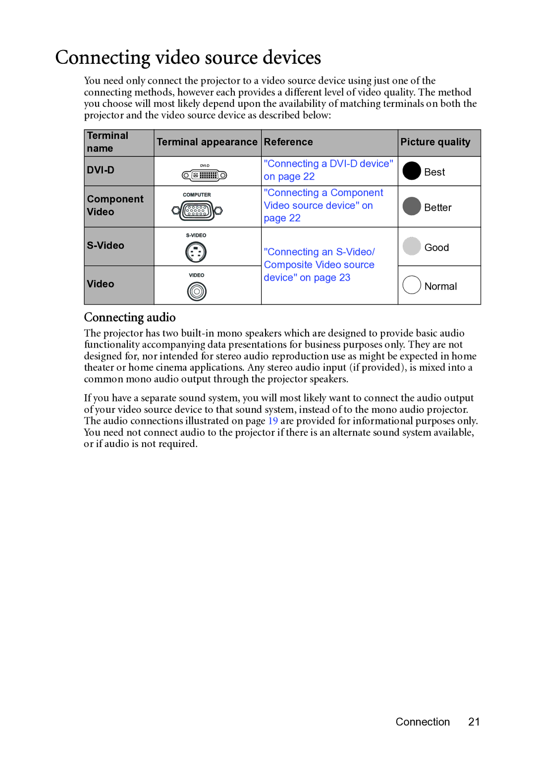 BenQ MP782 ST user manual Connecting video source devices, Connecting audio 