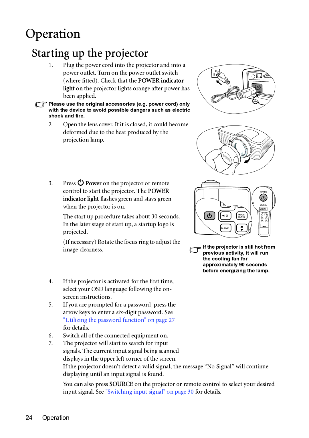 BenQ MP782 ST user manual Operation, Starting up the projector 