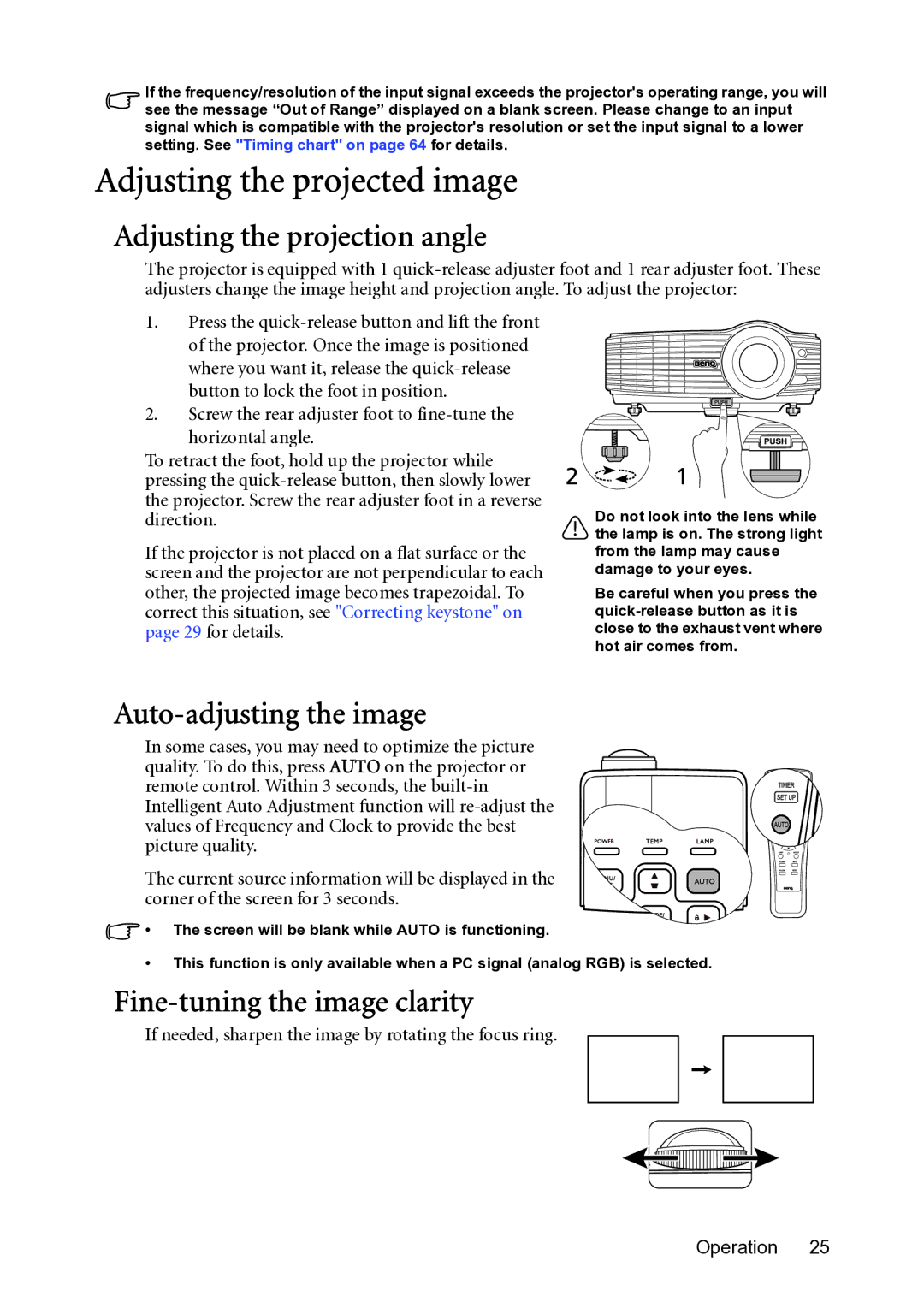 BenQ MP782 ST user manual Adjusting the projected image, Adjusting the projection angle, Auto-adjusting the image 