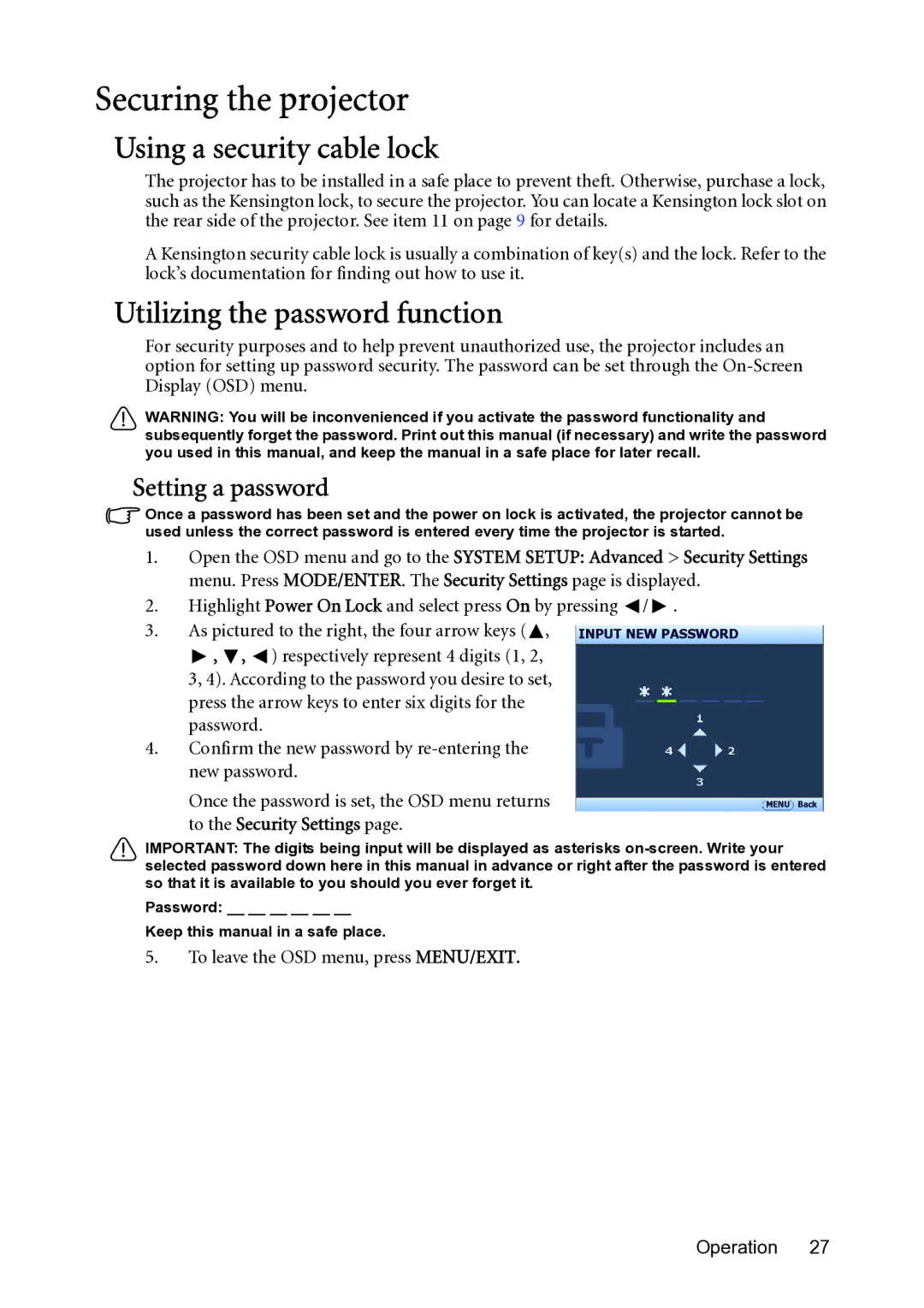 BenQ MP782 ST Securing the projector, Using a security cable lock, Utilizing the password function, Setting a password 