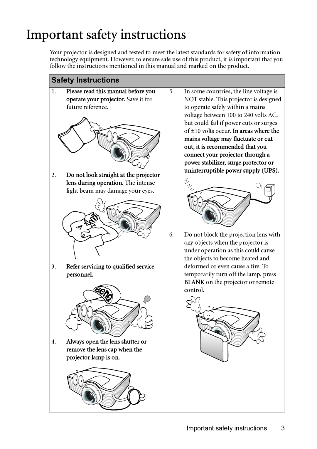 BenQ MP782 ST Important safety instructions, Safety Instructions, Refer servicing to qualified service personnel 