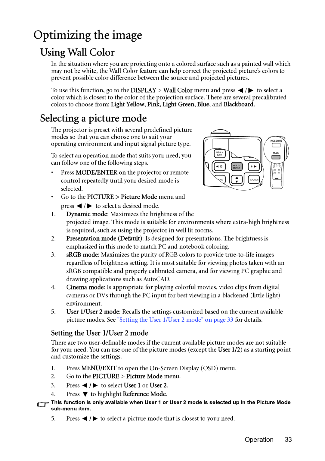 BenQ MP782 ST user manual Optimizing the image, Using Wall Color, Selecting a picture mode, Setting the User 1/User 2 mode 