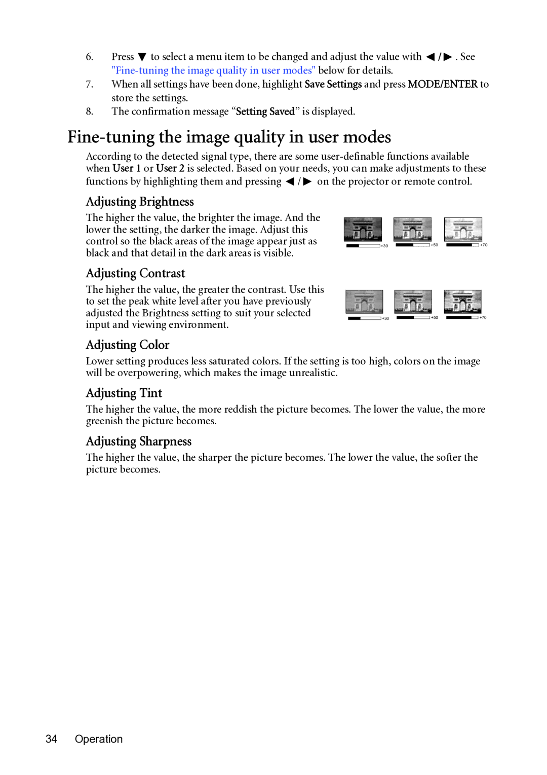 BenQ MP782 ST user manual Fine-tuning the image quality in user modes 