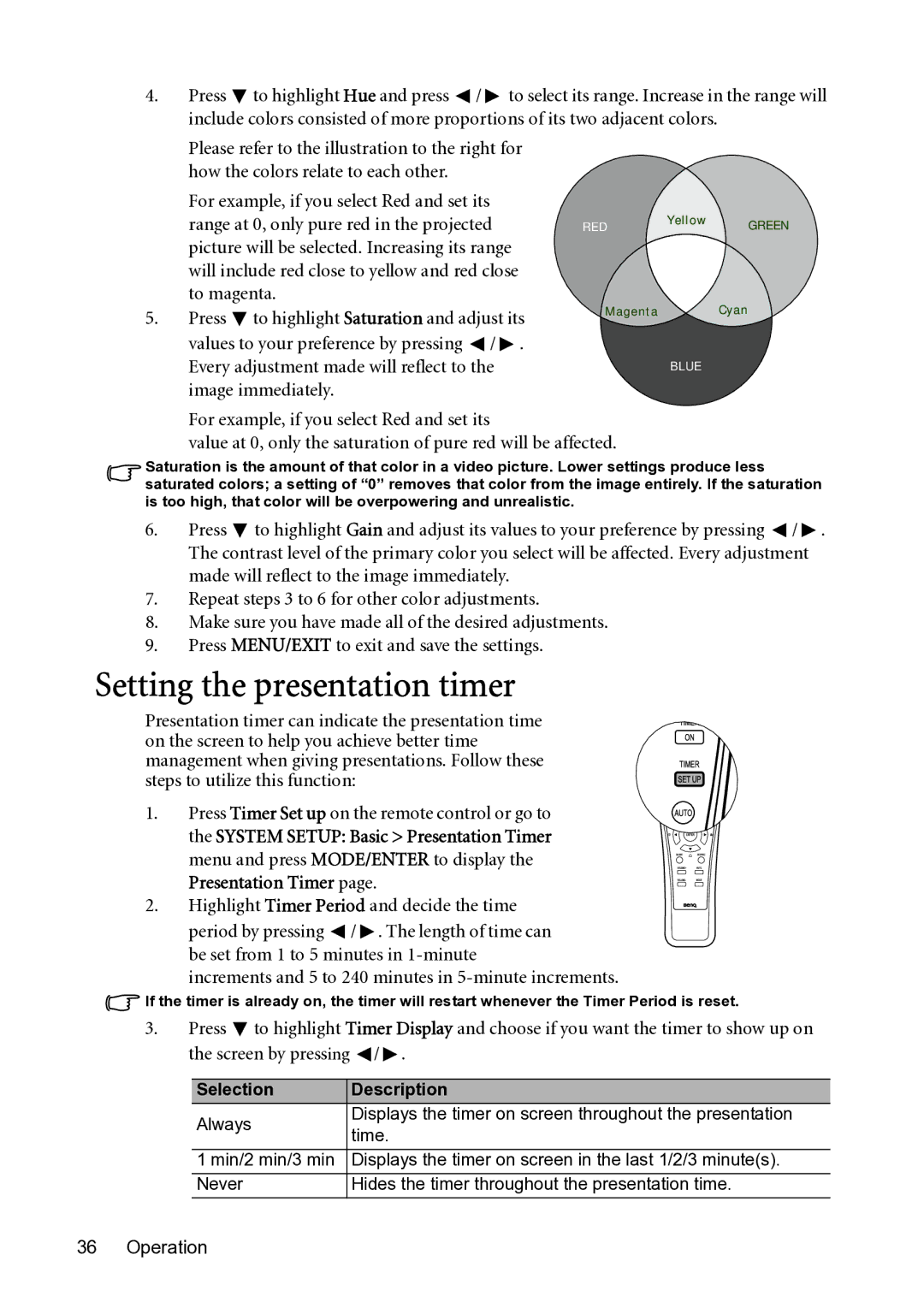 BenQ MP782 ST user manual Setting the presentation timer, Presentation Timer, Selection Description 