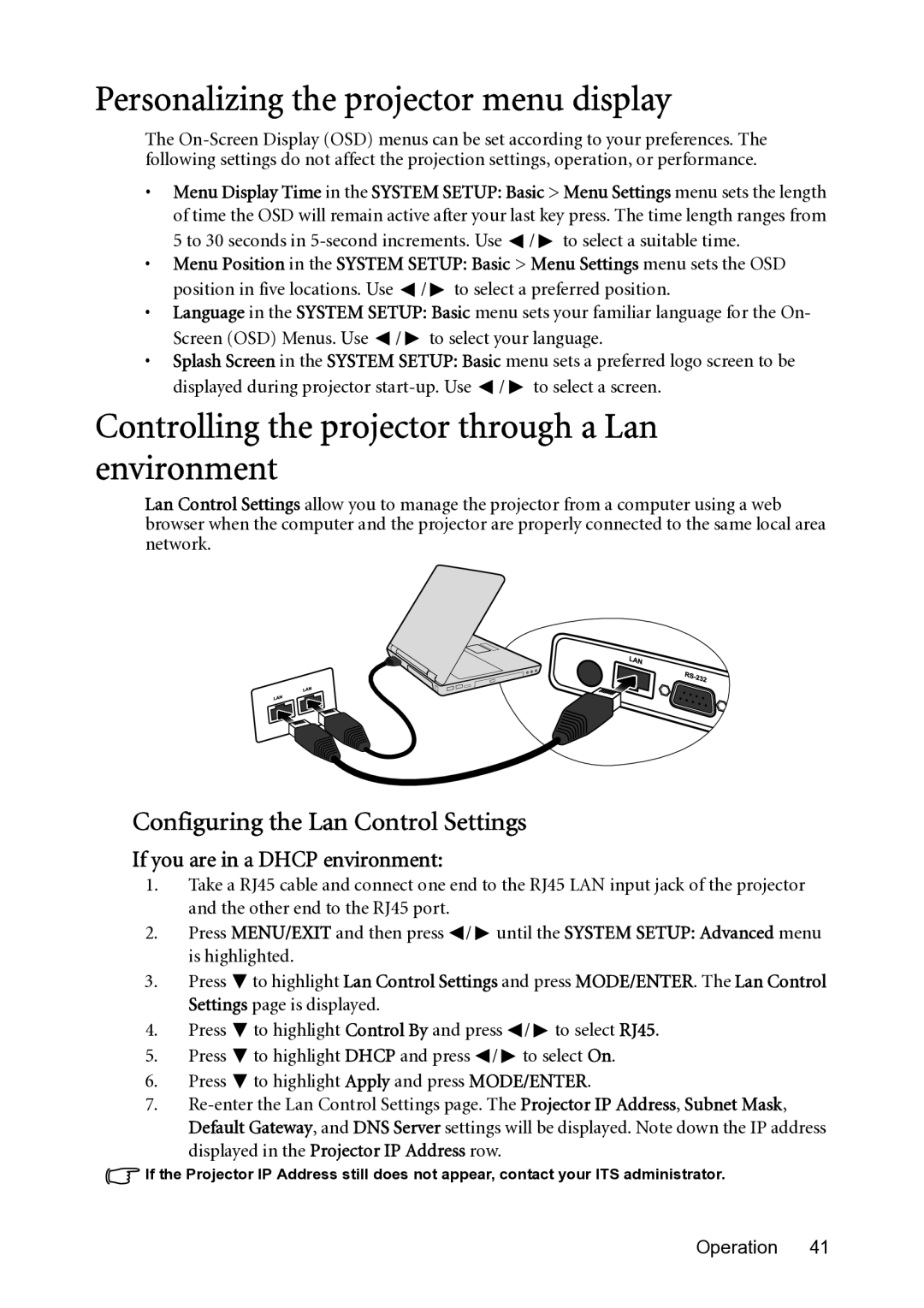 BenQ MP782 ST user manual Personalizing the projector menu display, Controlling the projector through a Lan environment 