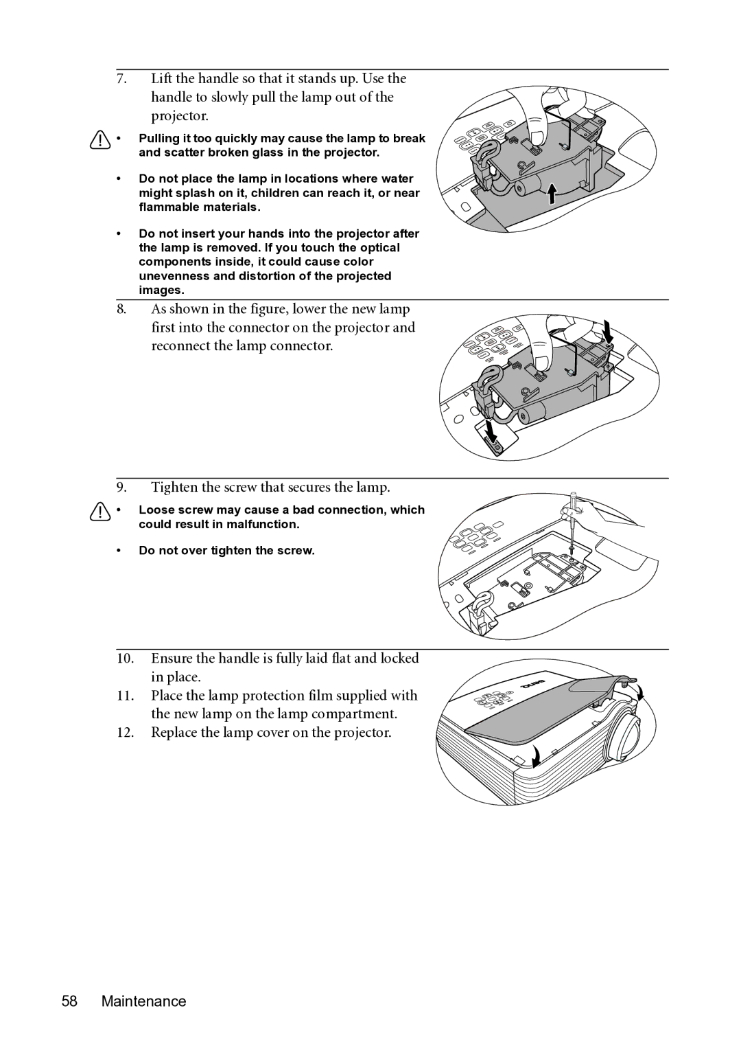 BenQ MP782 ST user manual Tighten the screw that secures the lamp 