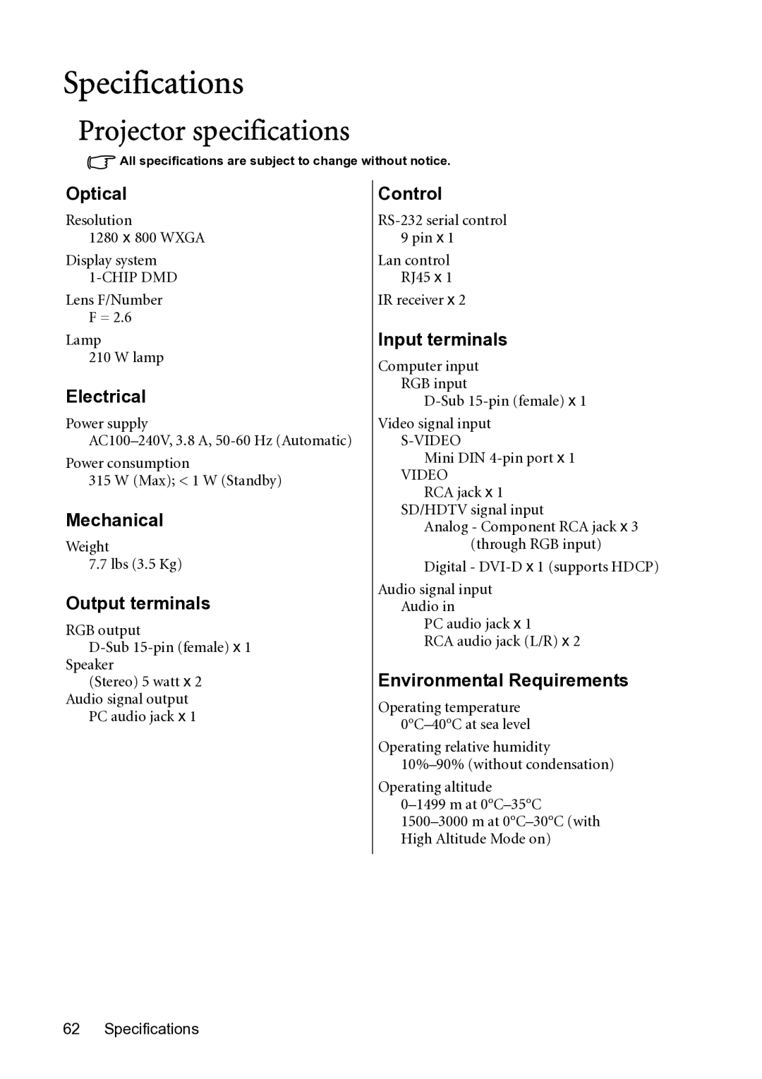 BenQ MP782 ST user manual Specifications, Projector specifications 