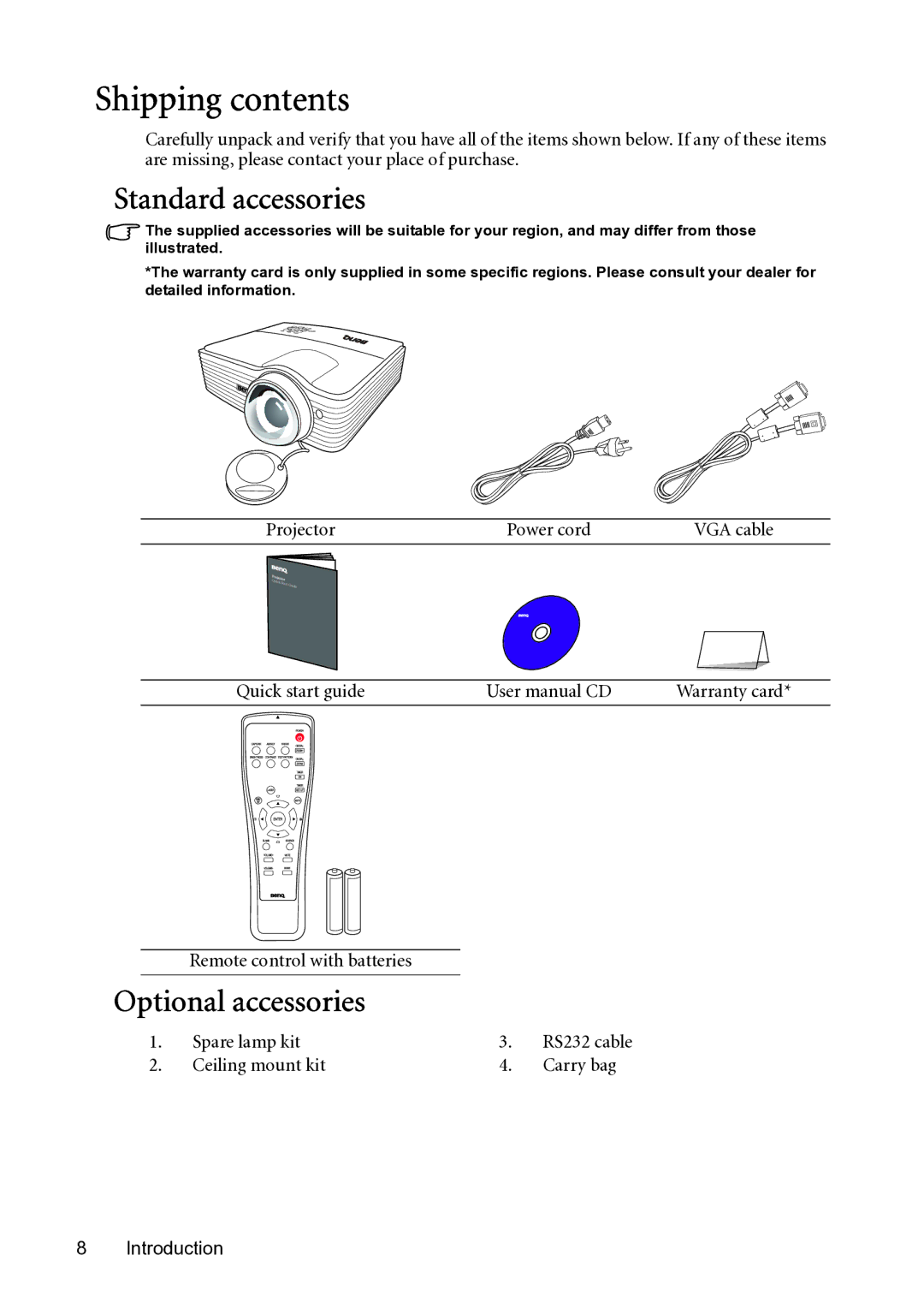 BenQ MP782 ST user manual Shipping contents 