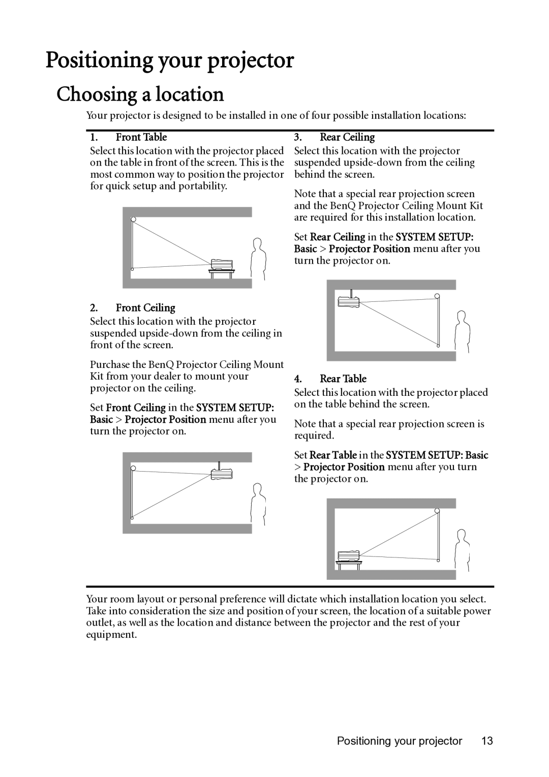 BenQ MX501-V, MS500-V user manual Positioning your projector, Choosing a location, Front Table, Front Ceiling 