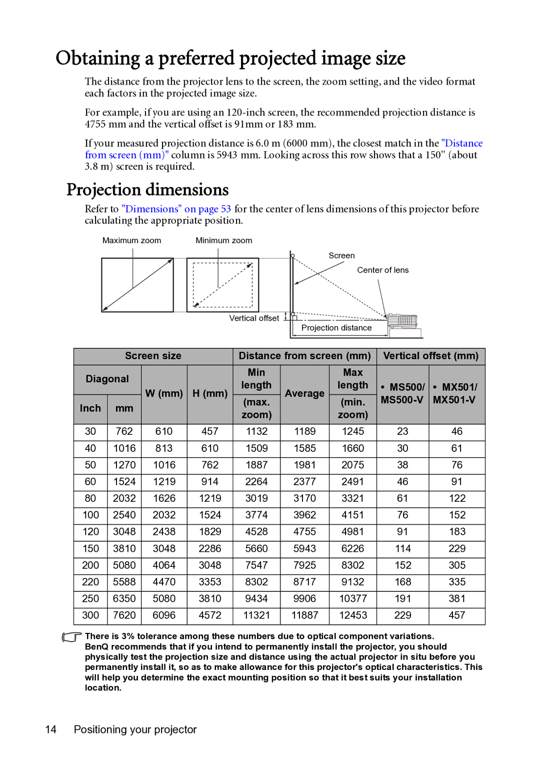 BenQ MX501-V, MS500-V user manual Obtaining a preferred projected image size, Projection dimensions 