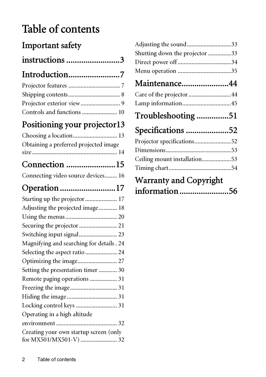 BenQ MX501-V, MS500-V user manual Table of contents 