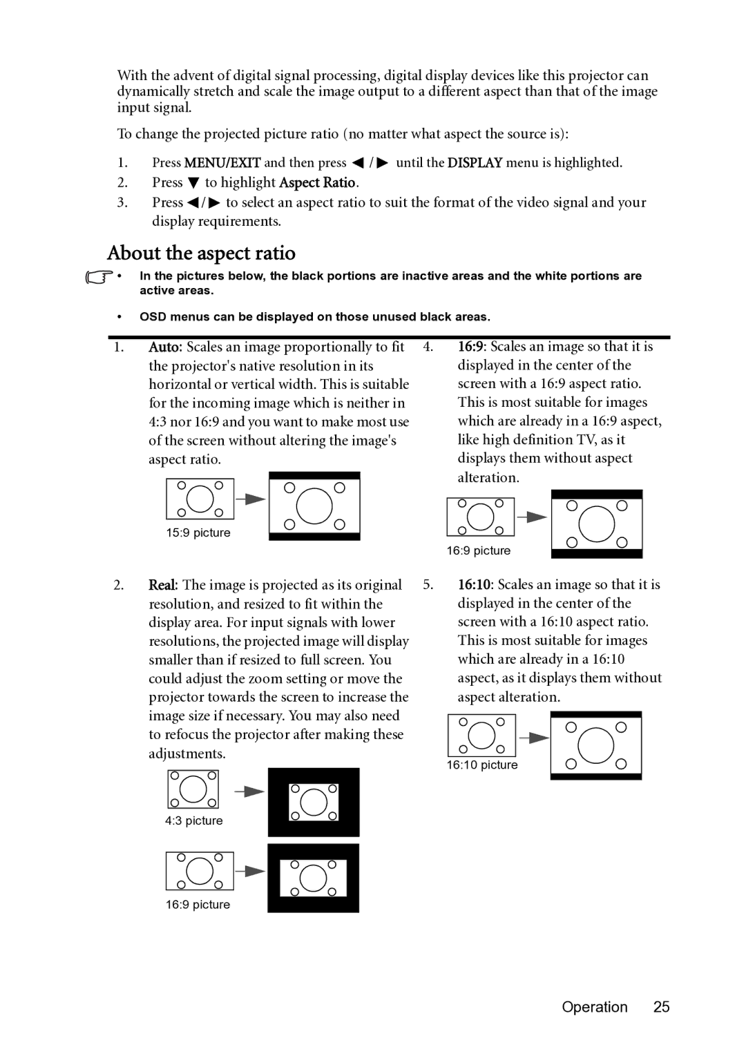 BenQ MX501, MS500 About the aspect ratio, Projectors native resolution in its Displayed in the center, Aspect alteration 