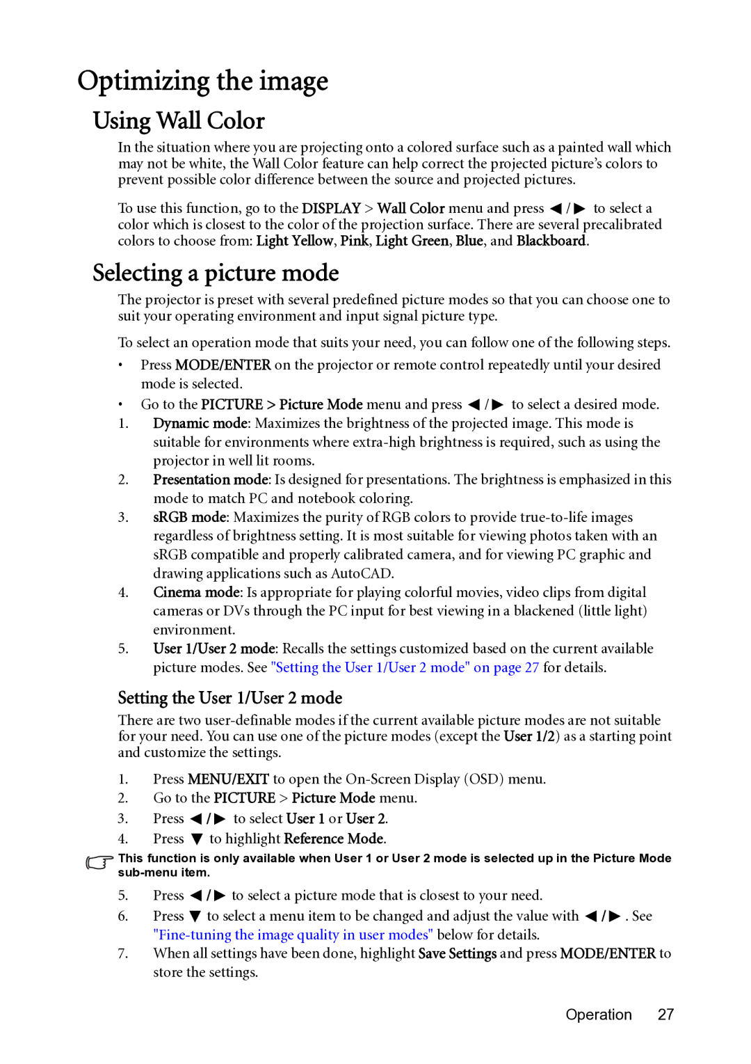 BenQ MS500-V, MX501 Optimizing the image, Using Wall Color, Selecting a picture mode, Setting the User 1/User 2 mode 