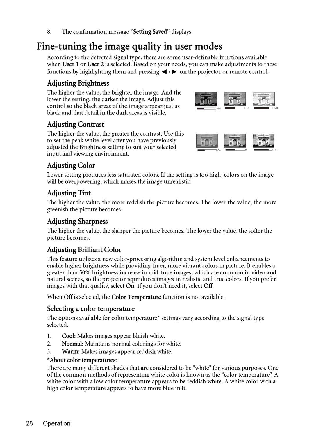 BenQ MX501-V, MS500-V user manual Fine-tuning the image quality in user modes 