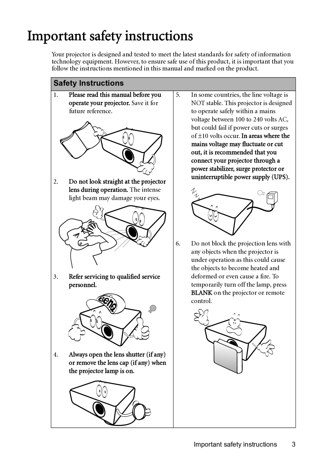 BenQ MS500-V, MX501 Important safety instructions, Safety Instructions, Refer servicing to qualified service personnel 