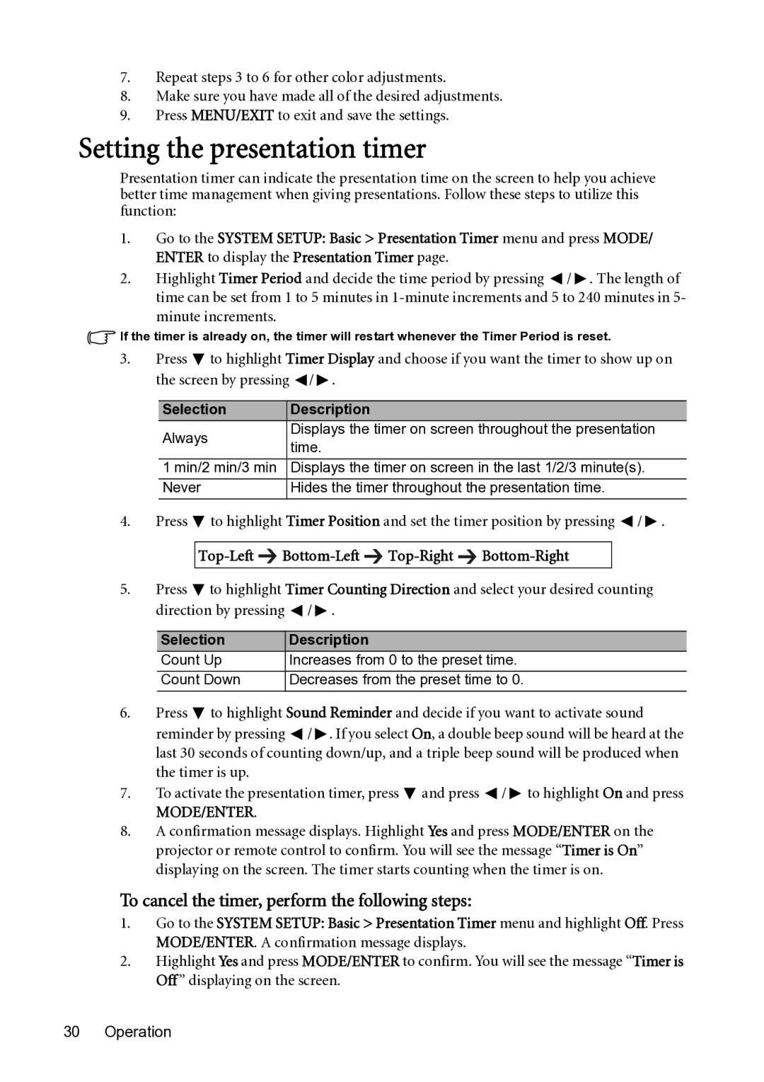 BenQ MX501-V Setting the presentation timer, To cancel the timer, perform the following steps, Selection Description 