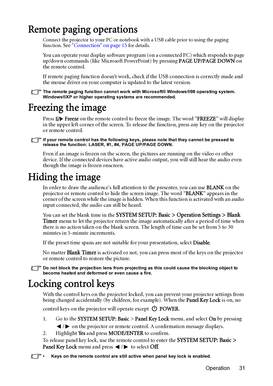 BenQ MS500-V, MX501-V user manual Remote paging operations, Freezing the image, Hiding the image, Locking control keys 